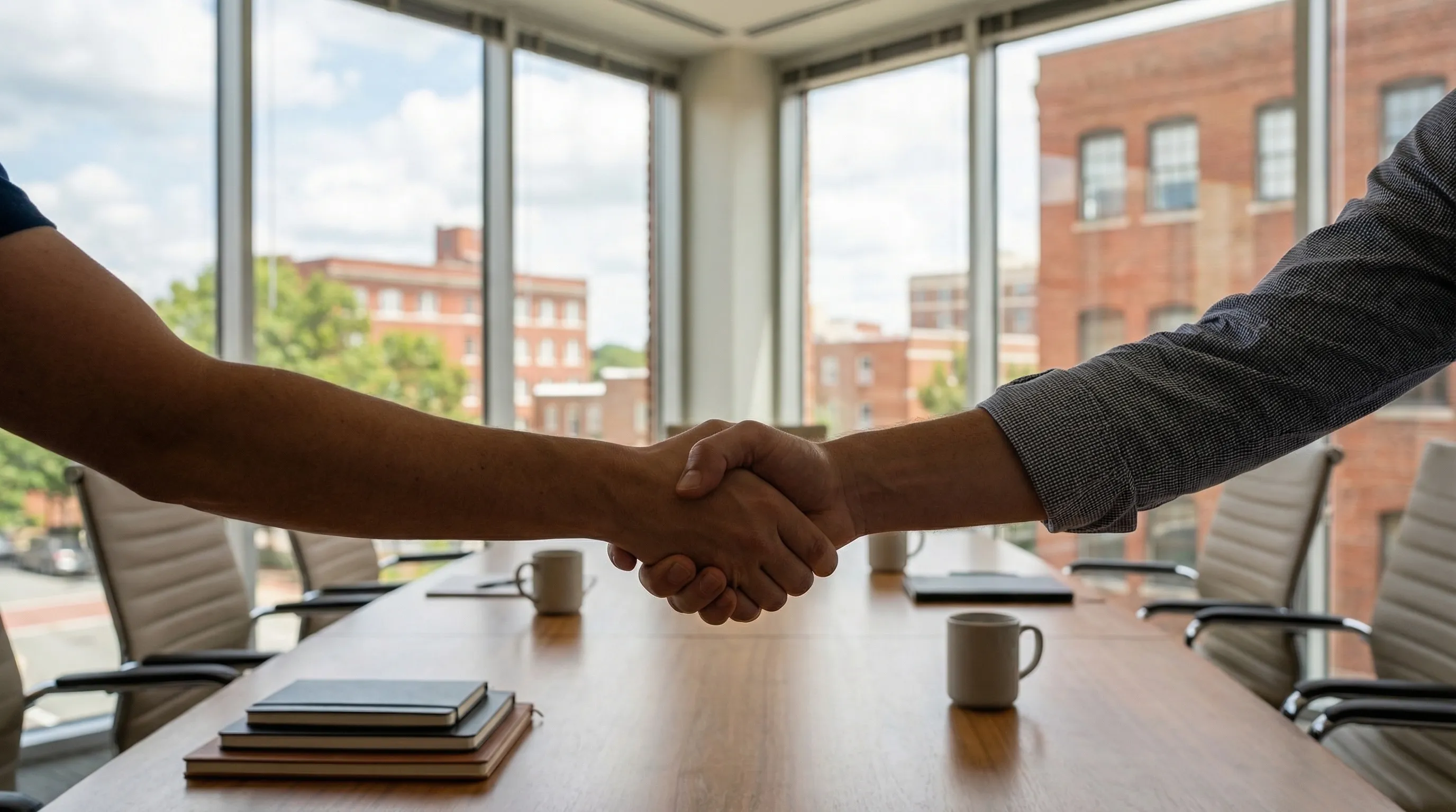 Professional law office meeting room in Durham, NC with warm wood conference table and downtown brick view