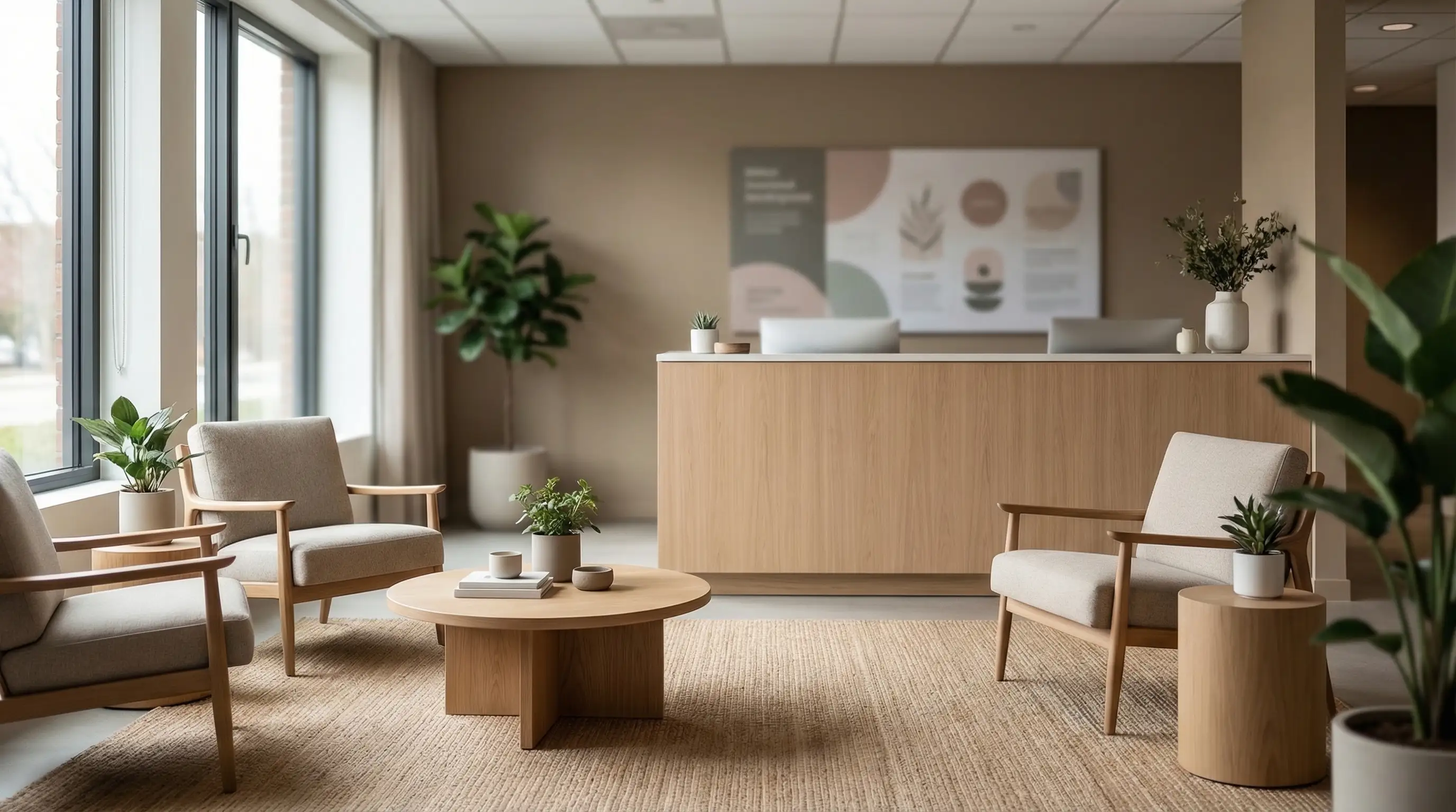 Modern private medical practice reception area in Durham, NC with warm lighting and welcoming front desk staff