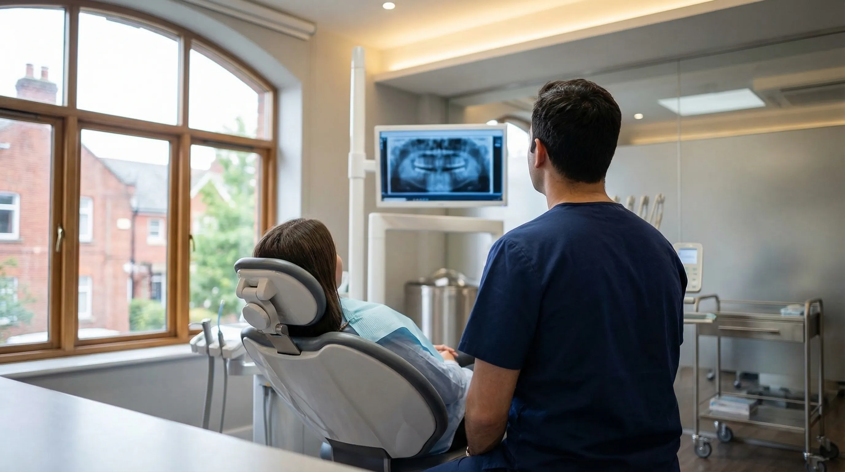 Modern dental practice interior in Durham, NC with dentist reviewing digital X-ray with patient in professional operatory