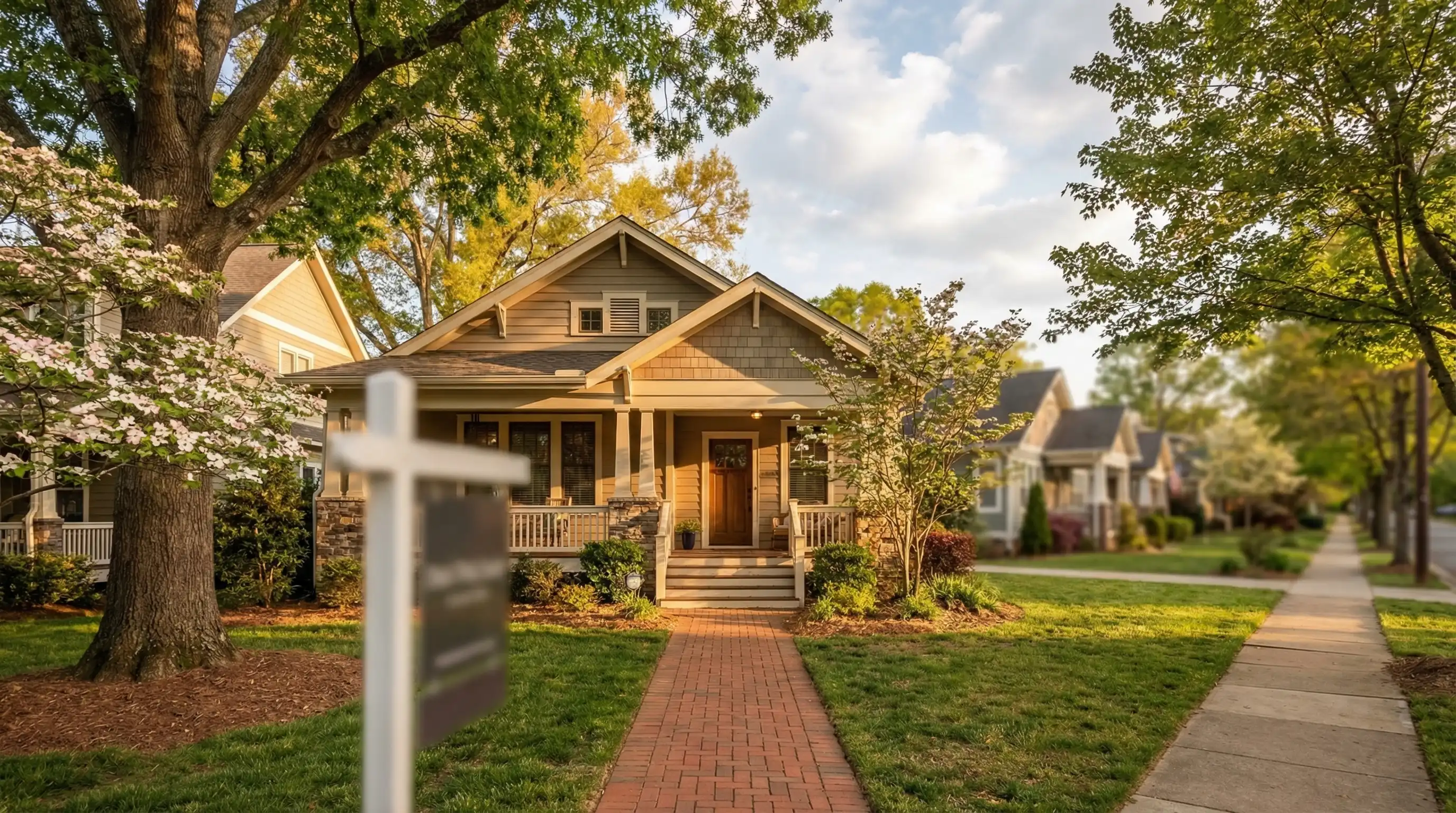 Craftsman bungalow with sold sign in Old North Durham neighborhood with mature oak trees and golden-hour light