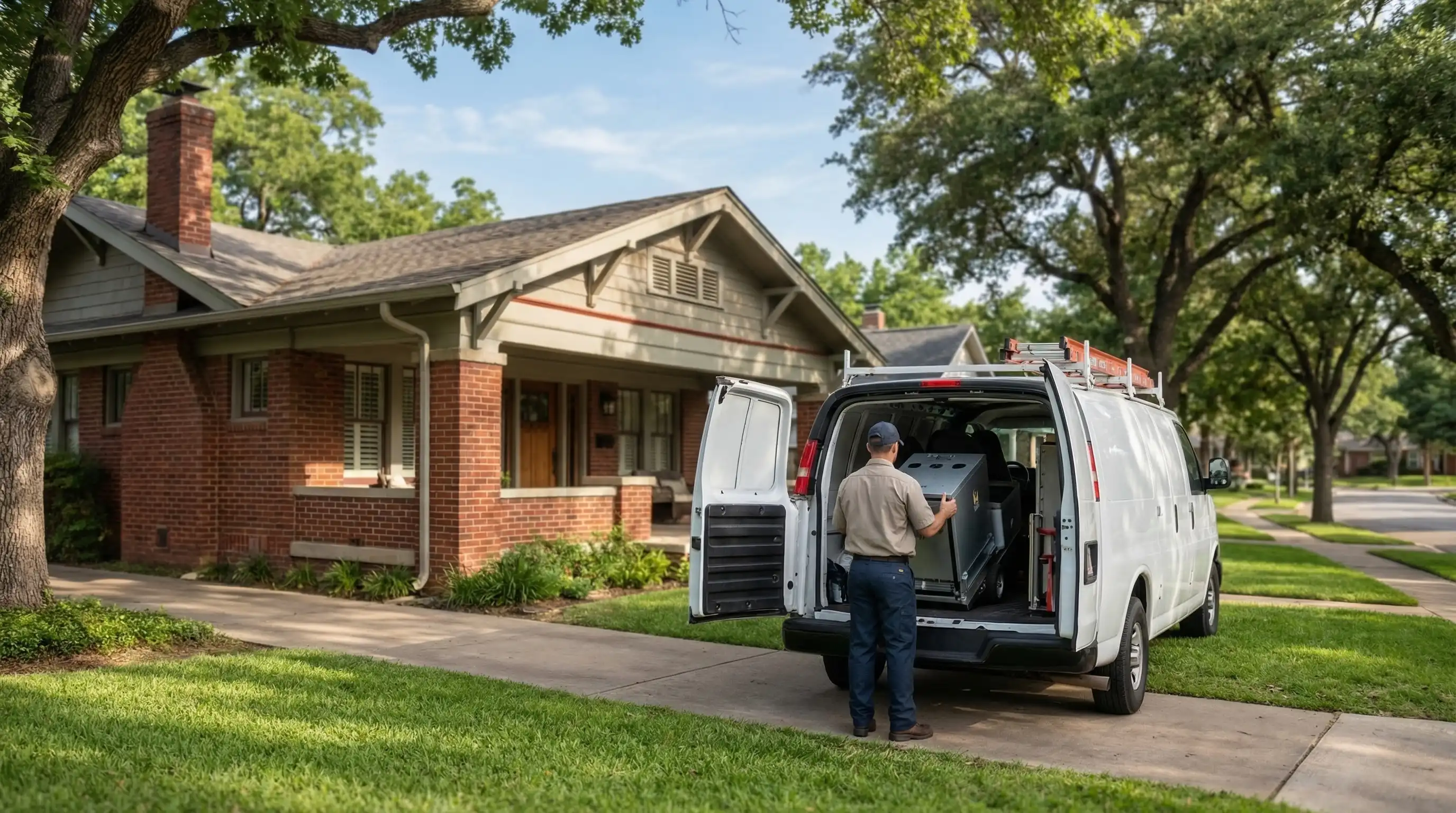 Professional HVAC technician servicing a heat pump unit outside a Durham, NC craftsman home