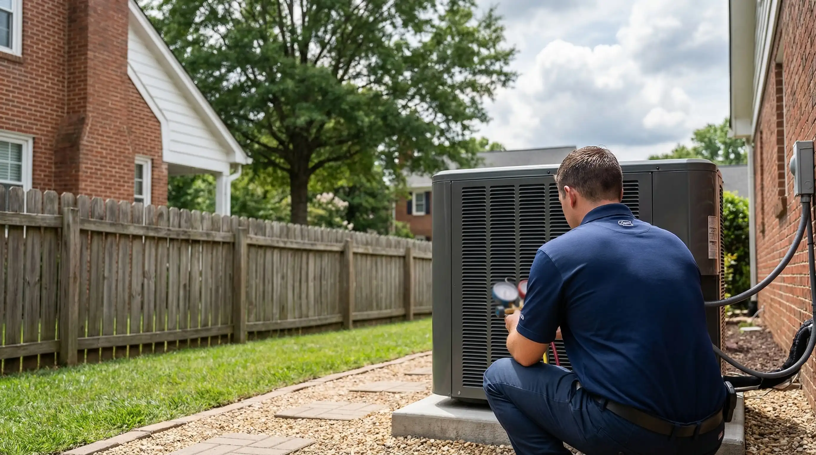Professional HVAC technician servicing a heat pump unit outside a Durham, NC craftsman home
