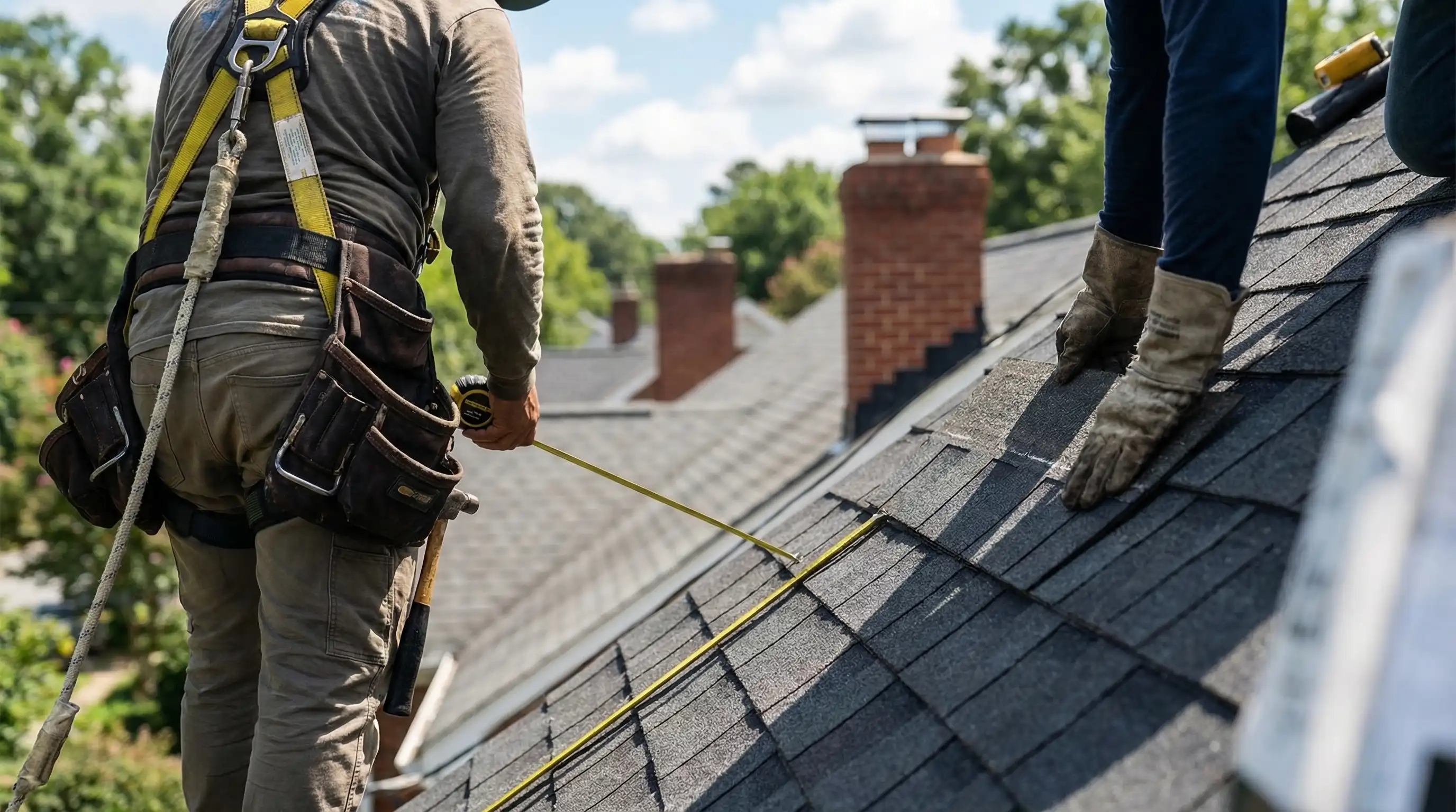 Professional roofing crew installing shingles on a Durham, NC residential home with a branded truck parked in the driveway