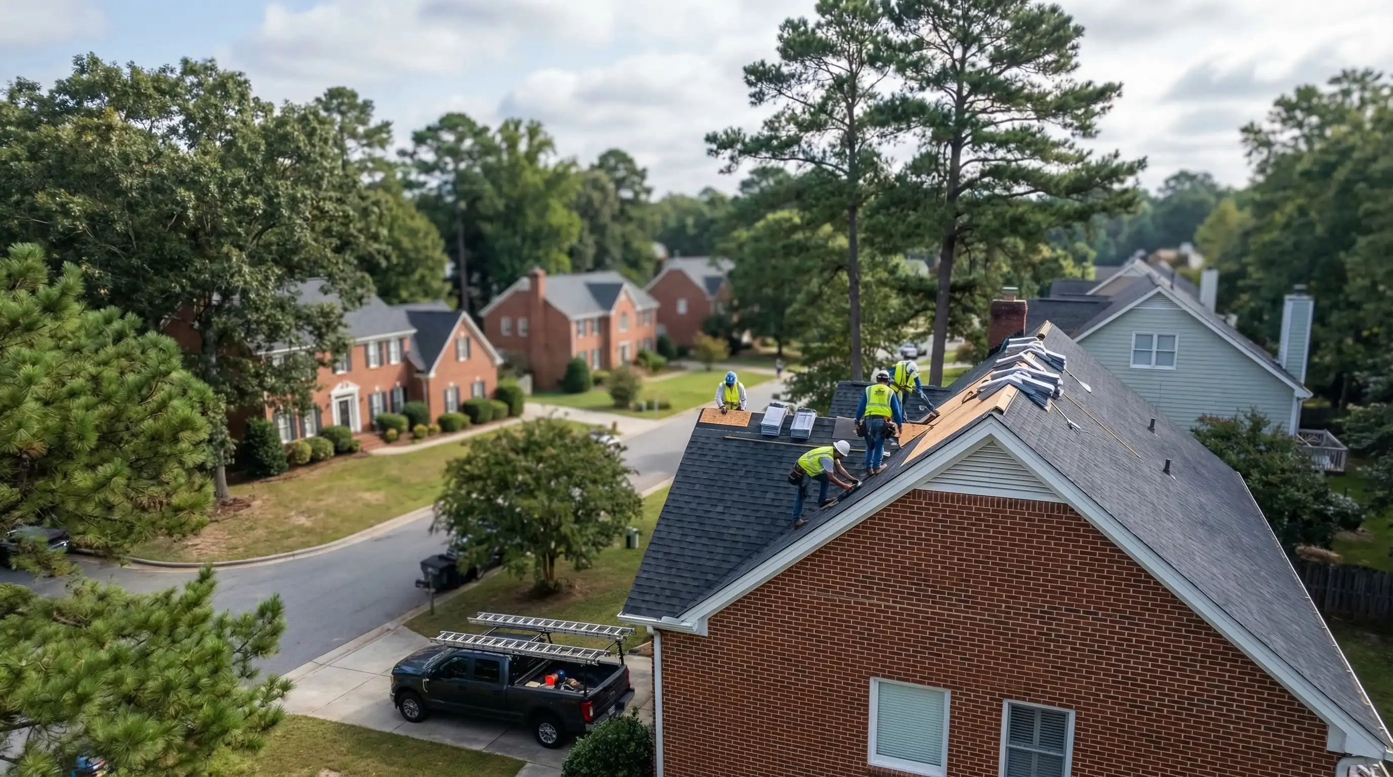 Professional roofing crew installing shingles on a Durham, NC residential home with a branded truck parked in the driveway