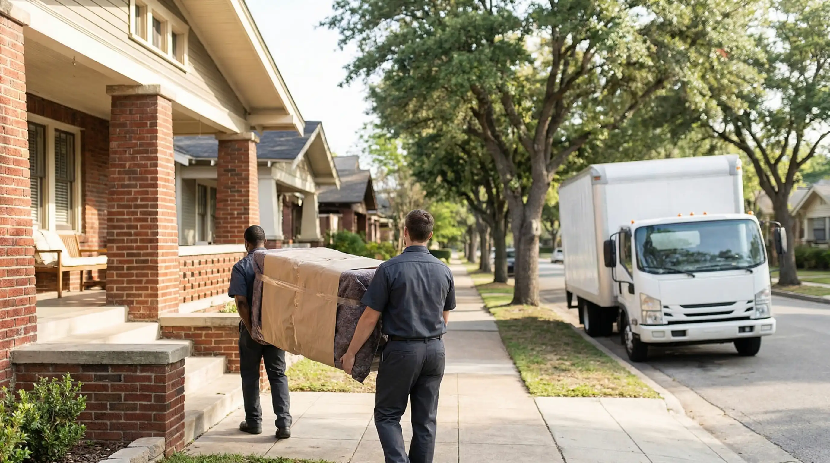 Professional movers in branded uniforms loading furniture from a Durham, NC craftsman home into a moving truck on a sunny residential street