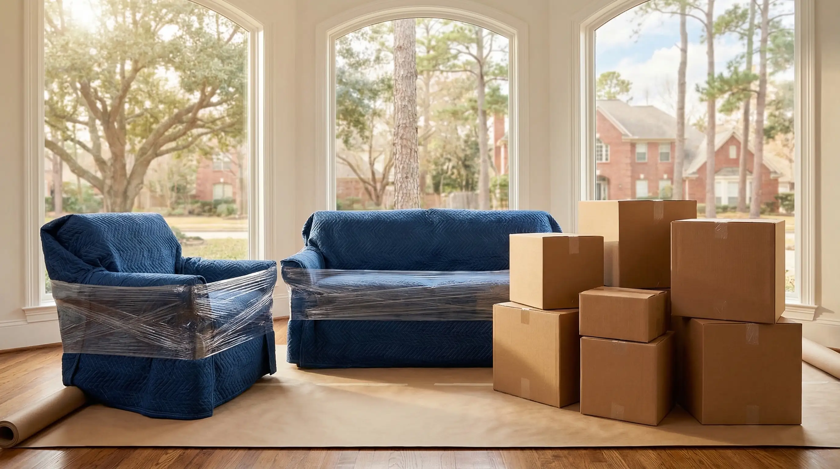 Professional movers in branded uniforms loading furniture from a Durham, NC craftsman home into a moving truck on a sunny residential street