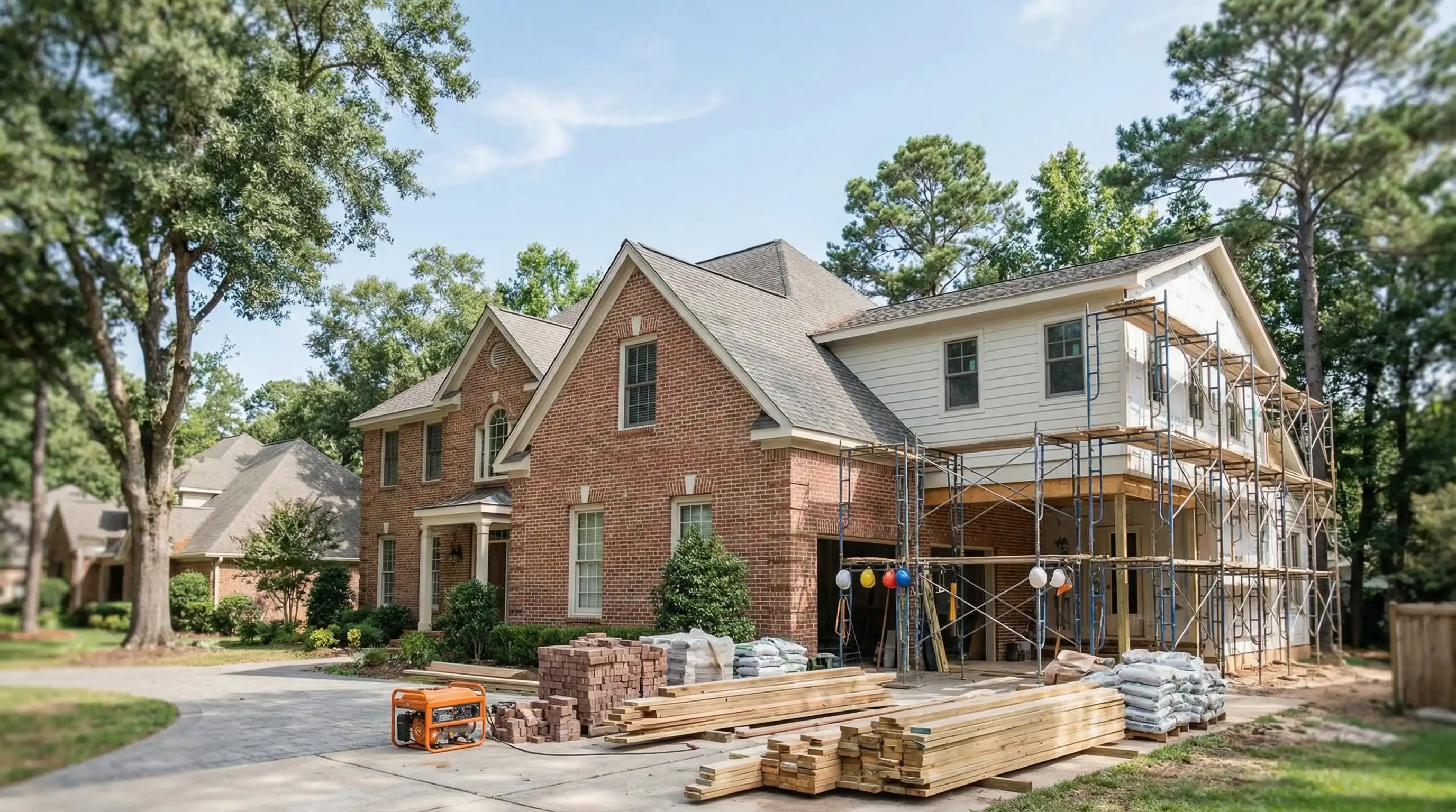 Professional construction crew working on a residential renovation project on a Durham, NC home with branded truck and materials in the driveway