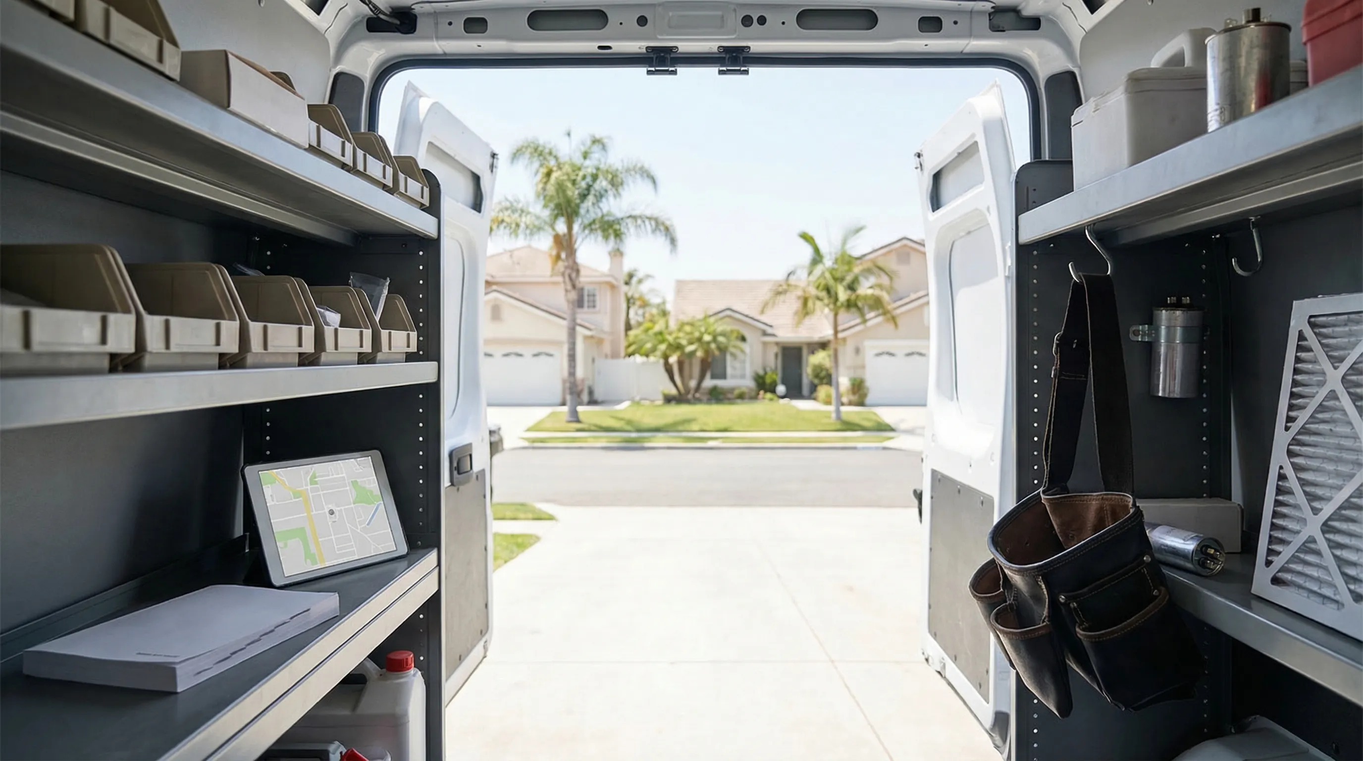 Professional HVAC technician installing a new condenser unit at a residential home in Anaheim, CA