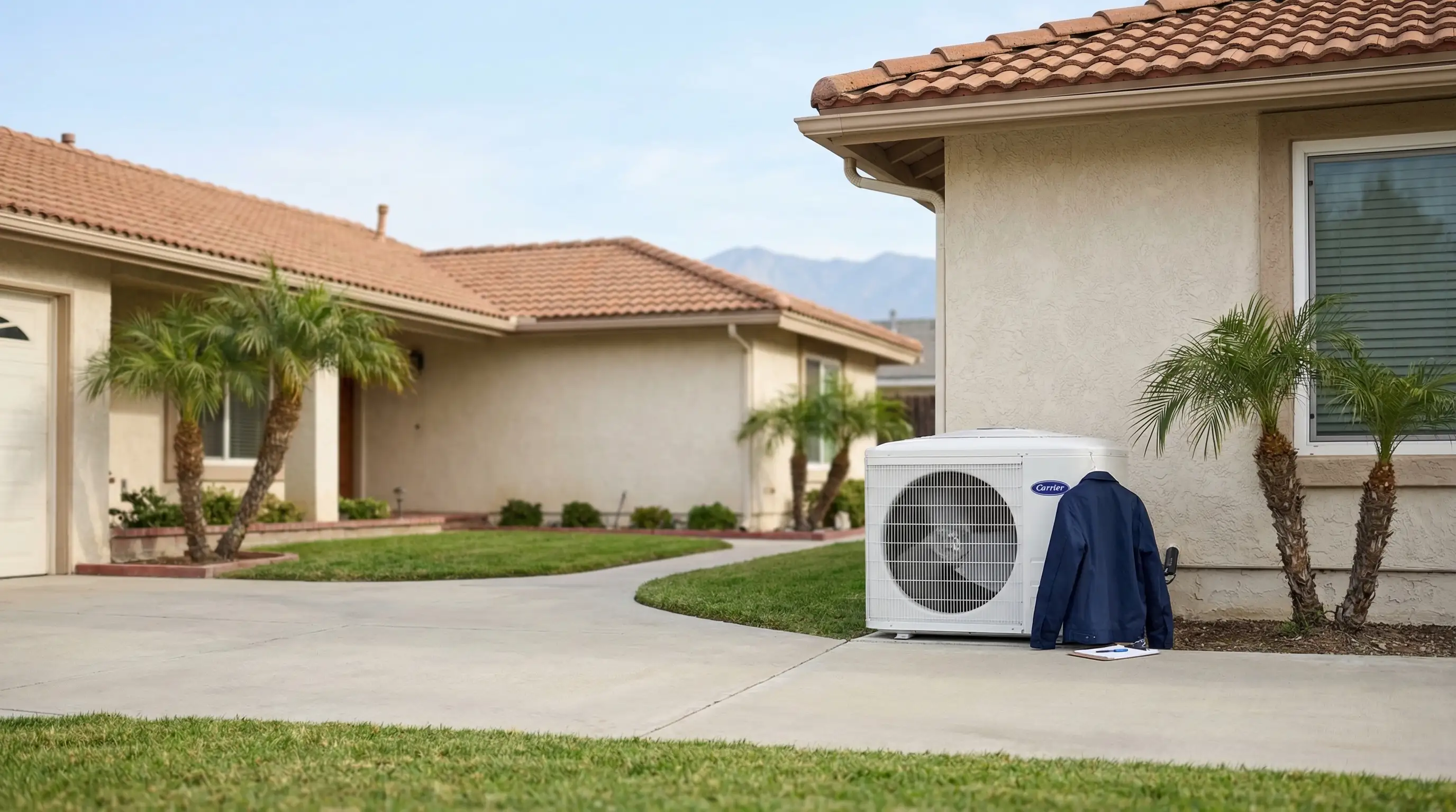 Professional HVAC technician installing a new condenser unit at a residential home in Anaheim, CA