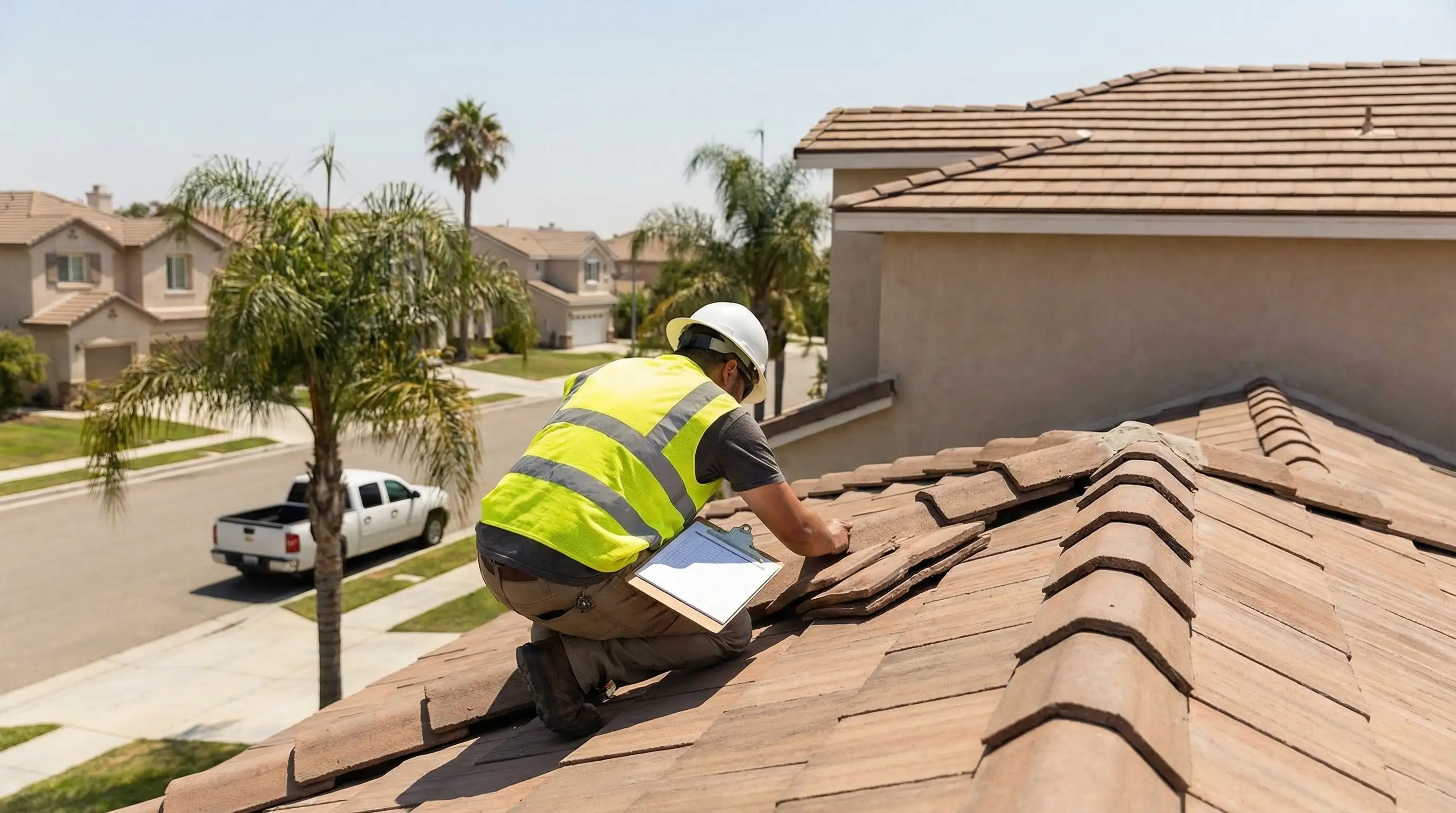 Licensed roofing contractor inspecting Spanish clay tile roof on a residential home in Anaheim Hills, CA