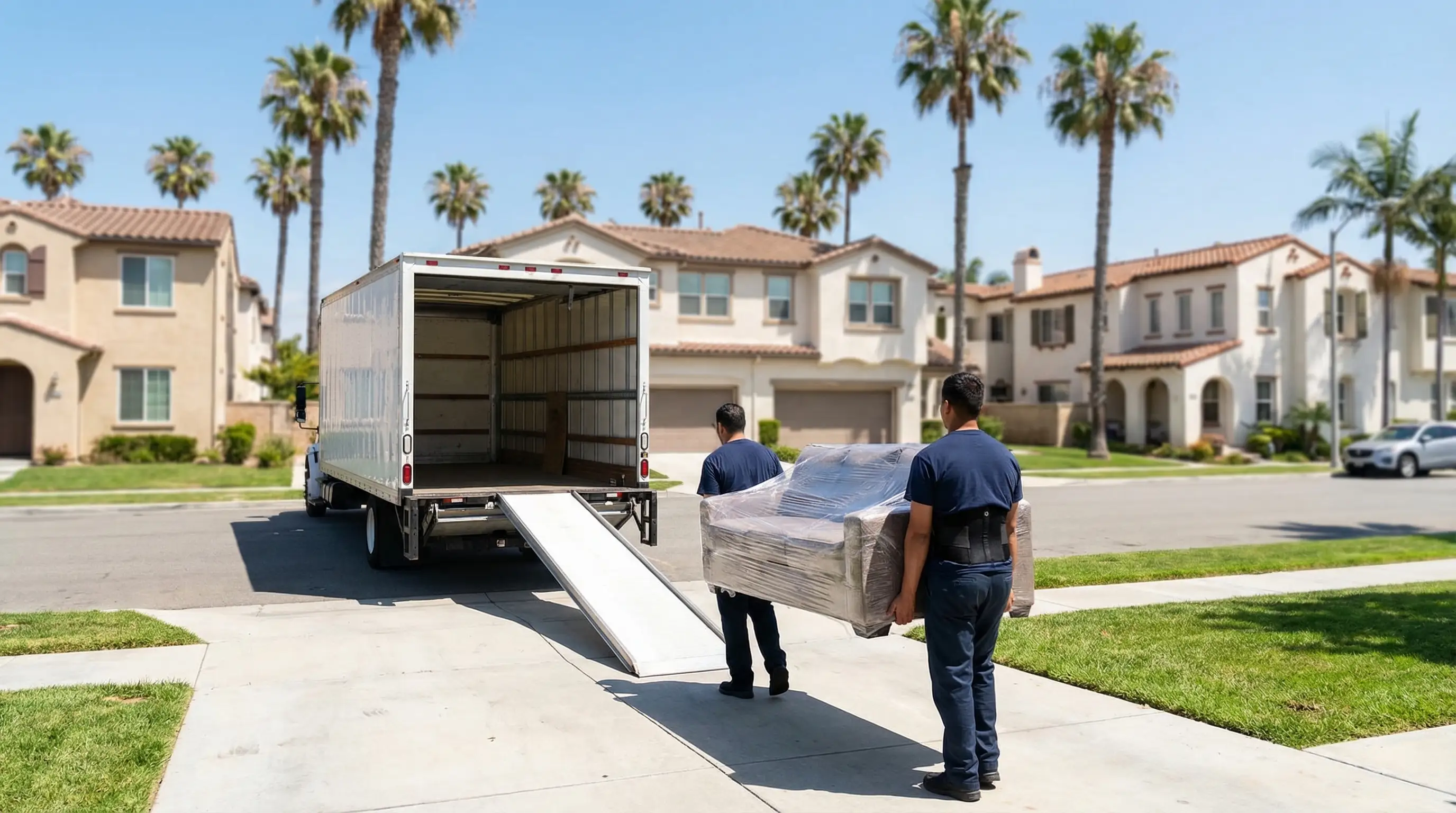 Professional movers loading a moving truck on a residential street in Anaheim, CA