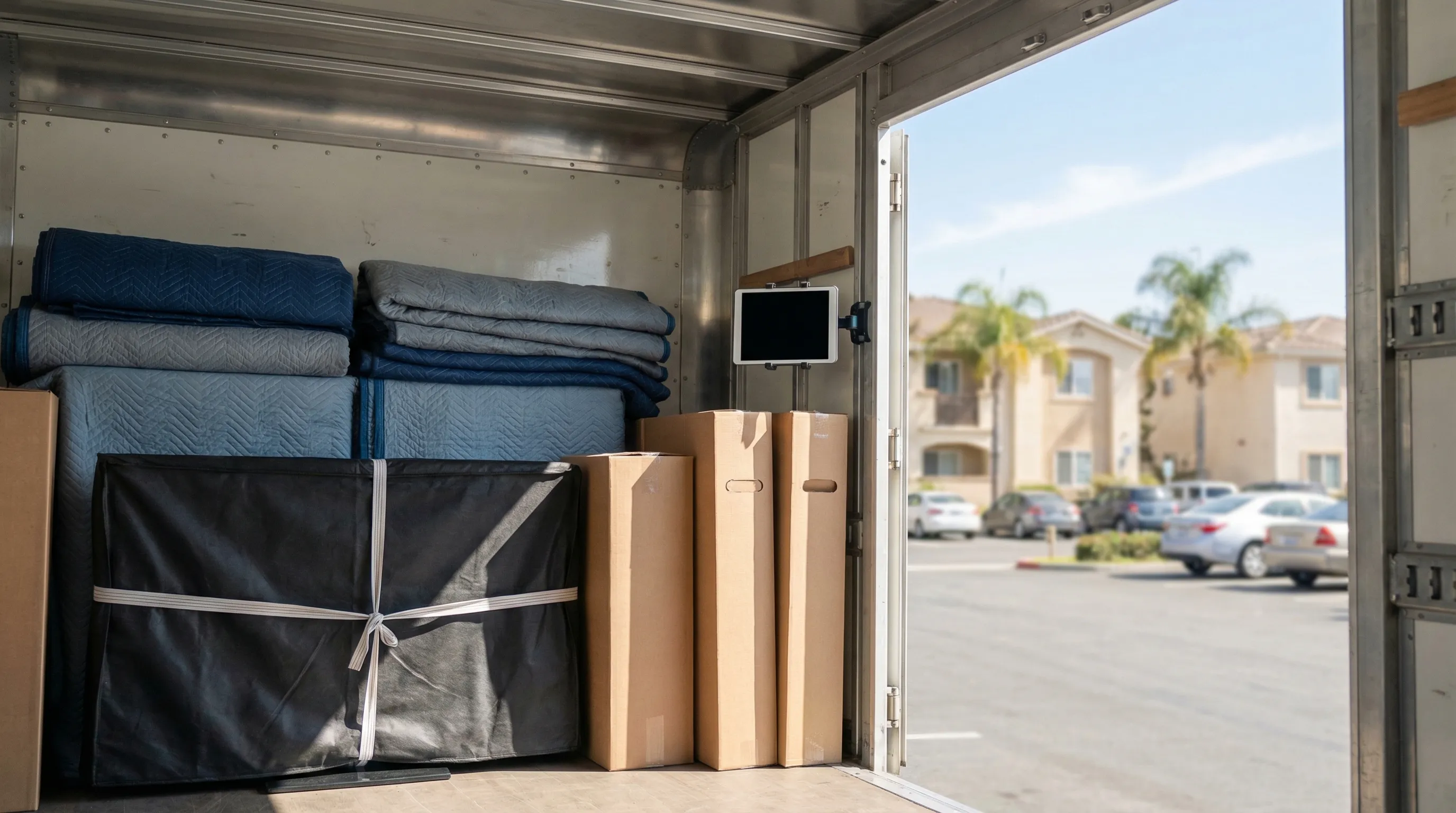 Professional movers loading a moving truck on a residential street in Anaheim, CA