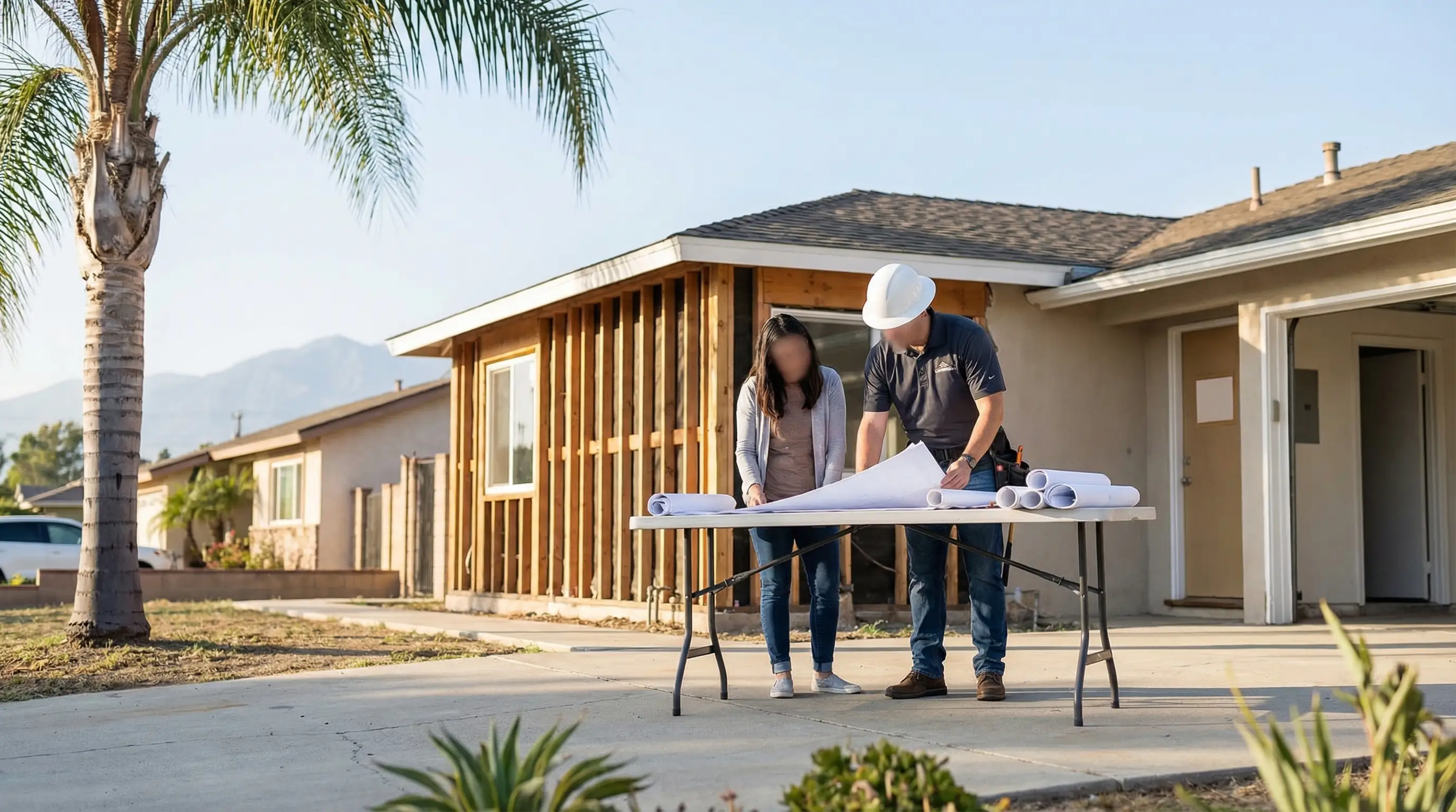 General contractor reviewing architectural plans at an active construction site in Anaheim Hills, CA
