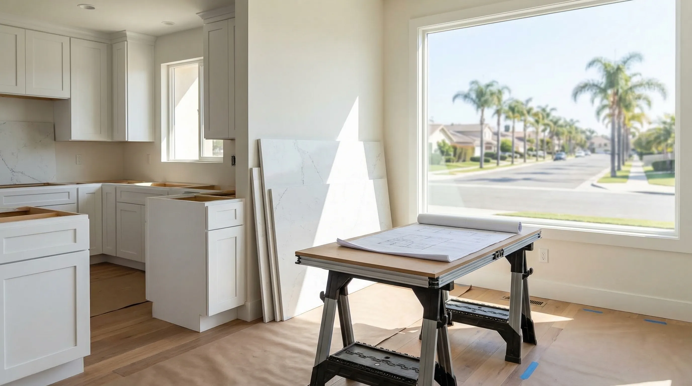 General contractor reviewing architectural plans at an active construction site in Anaheim Hills, CA