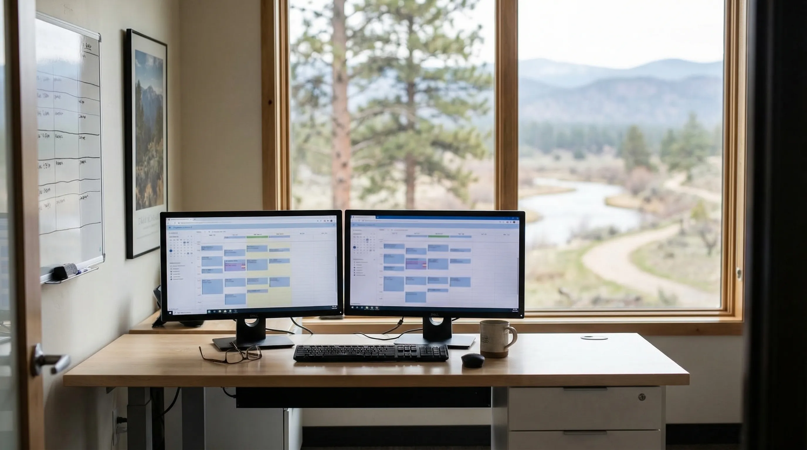 Professional healthcare clinic coordinator at a desk in Spokane, WA, with patient scheduling system and the Spokane River visible through the office window