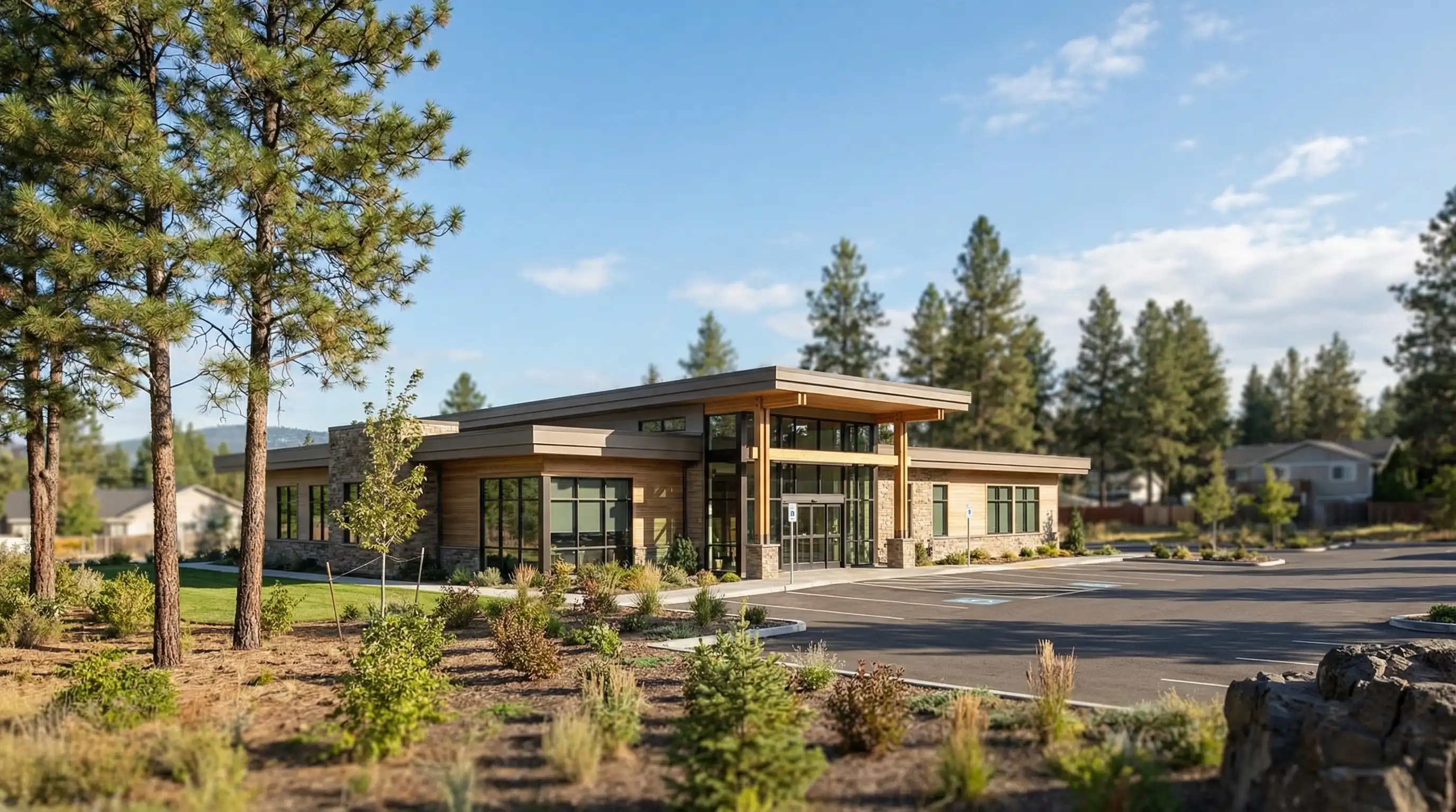 Professional healthcare clinic coordinator at a desk in Spokane, WA, with patient scheduling system and the Spokane River visible through the office window