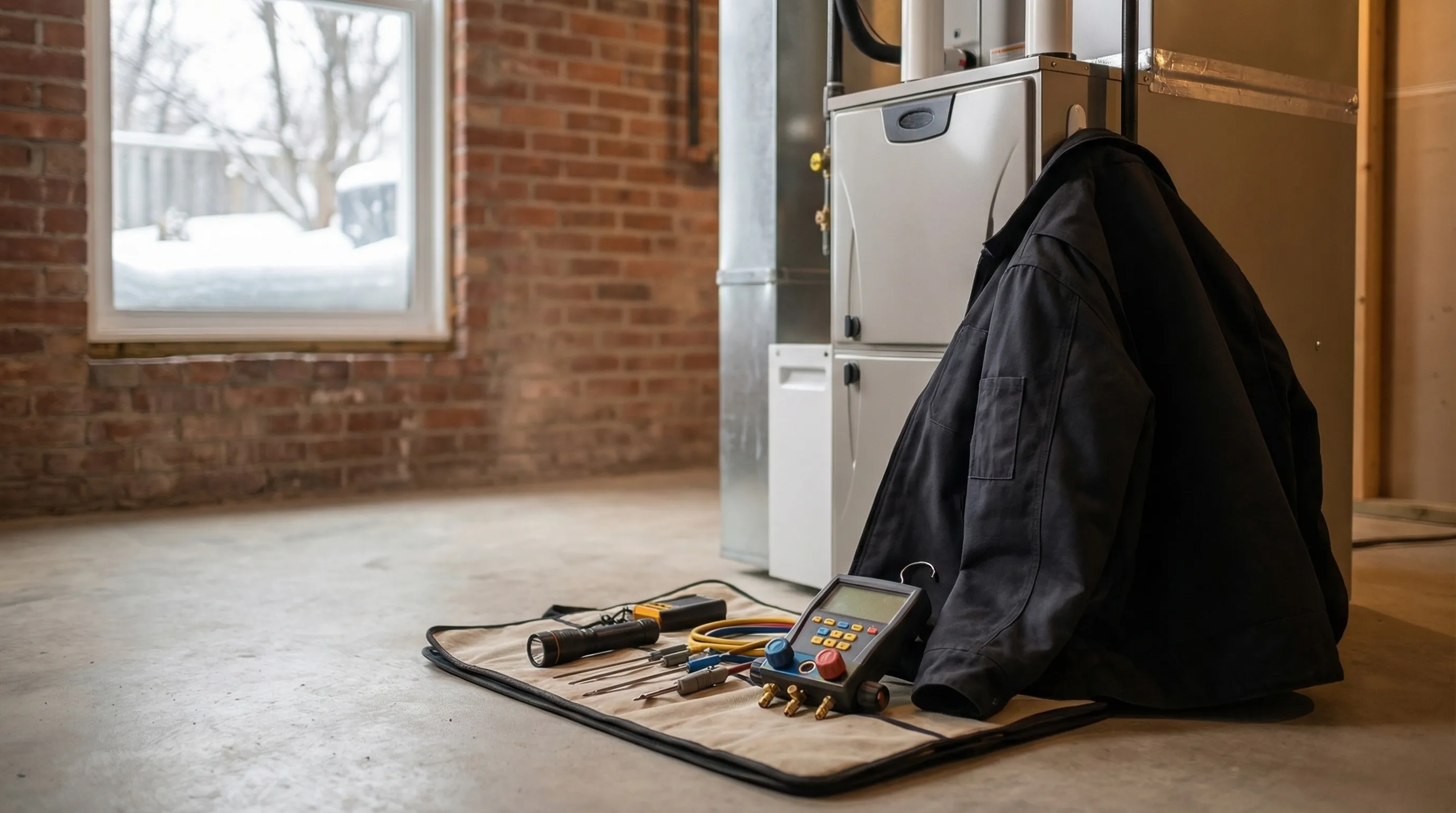 HVAC service van parked outside a South Hill bungalow in Spokane, WA, during winter with snow on the ground and ponderosa pines overhead