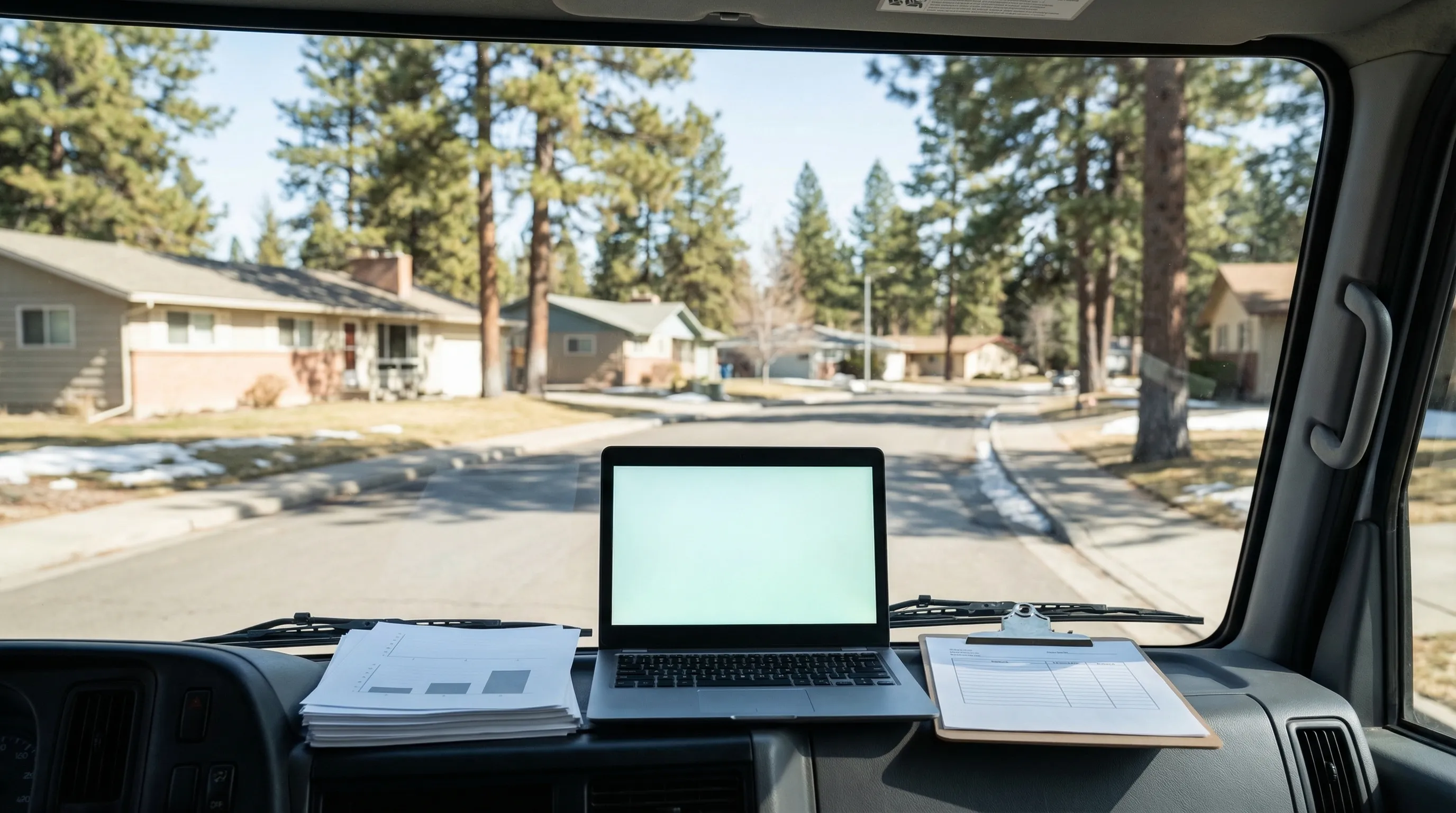 Roofing crew installing asphalt shingles on a steep-pitched residential roof in Spokane's South Hill neighborhood with the Selkirk Mountain ridgeline visible in the background