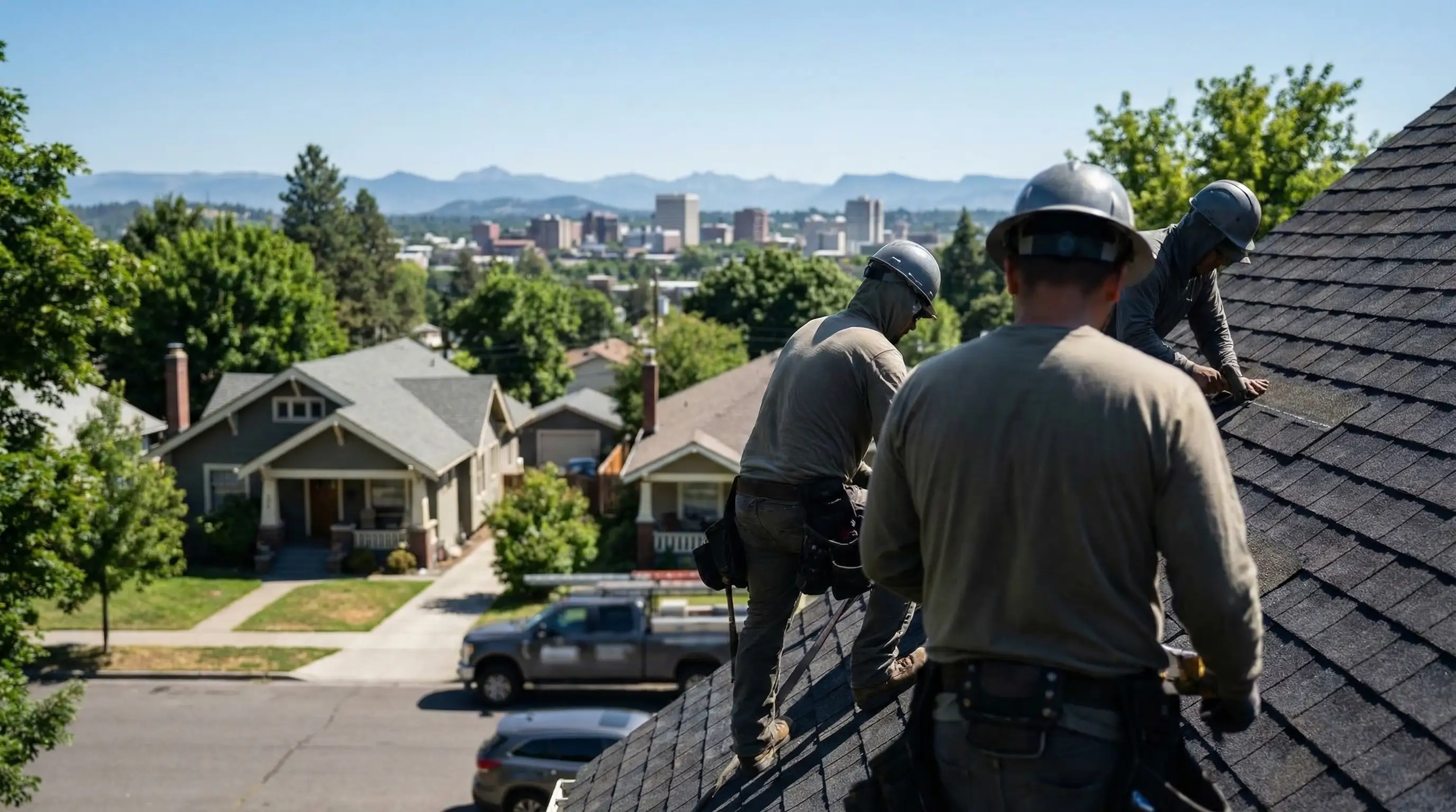 Roofing crew installing asphalt shingles on a steep-pitched residential roof in Spokane's South Hill neighborhood with the Selkirk Mountain ridgeline visible in the background