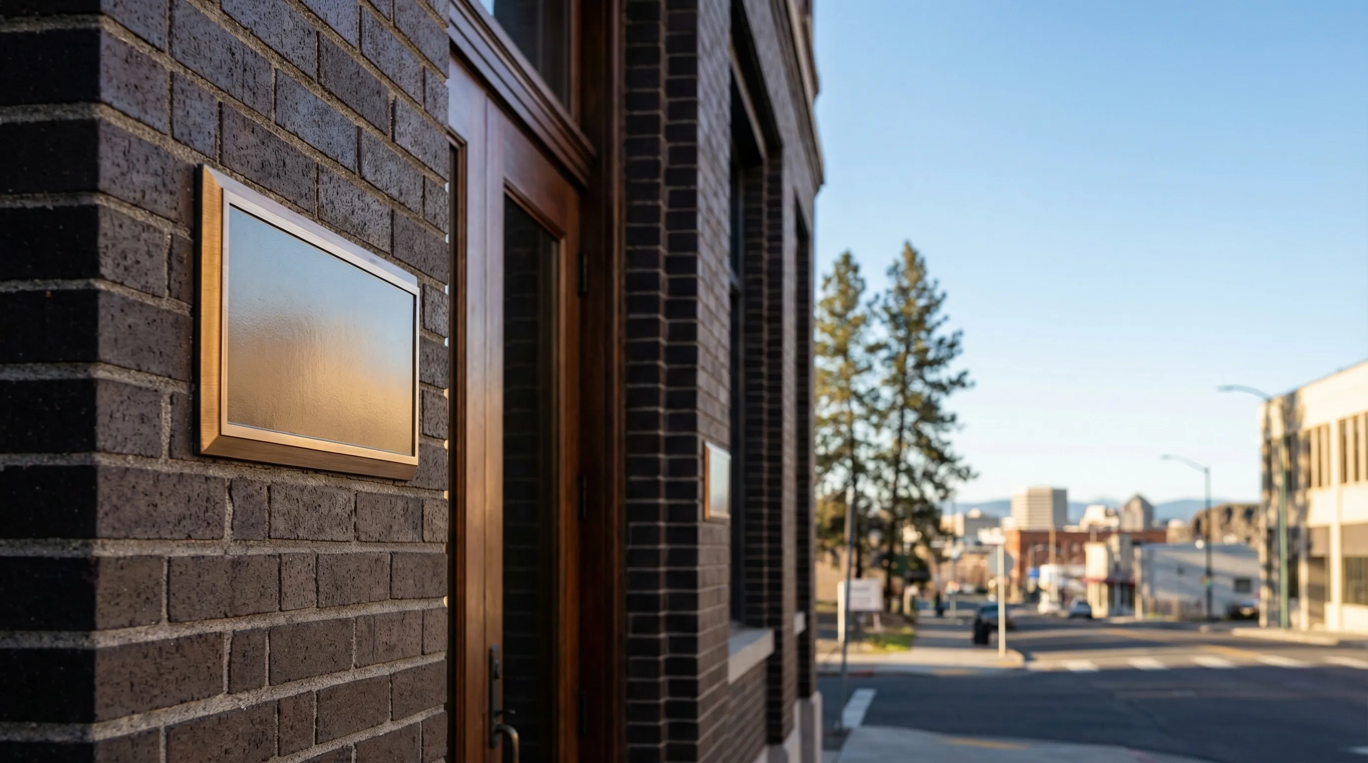 Professional law office consultation room in downtown Spokane, WA, with polished conference table, Washington State bar credentials on the wall, and the Spokane River gorge visible through the window