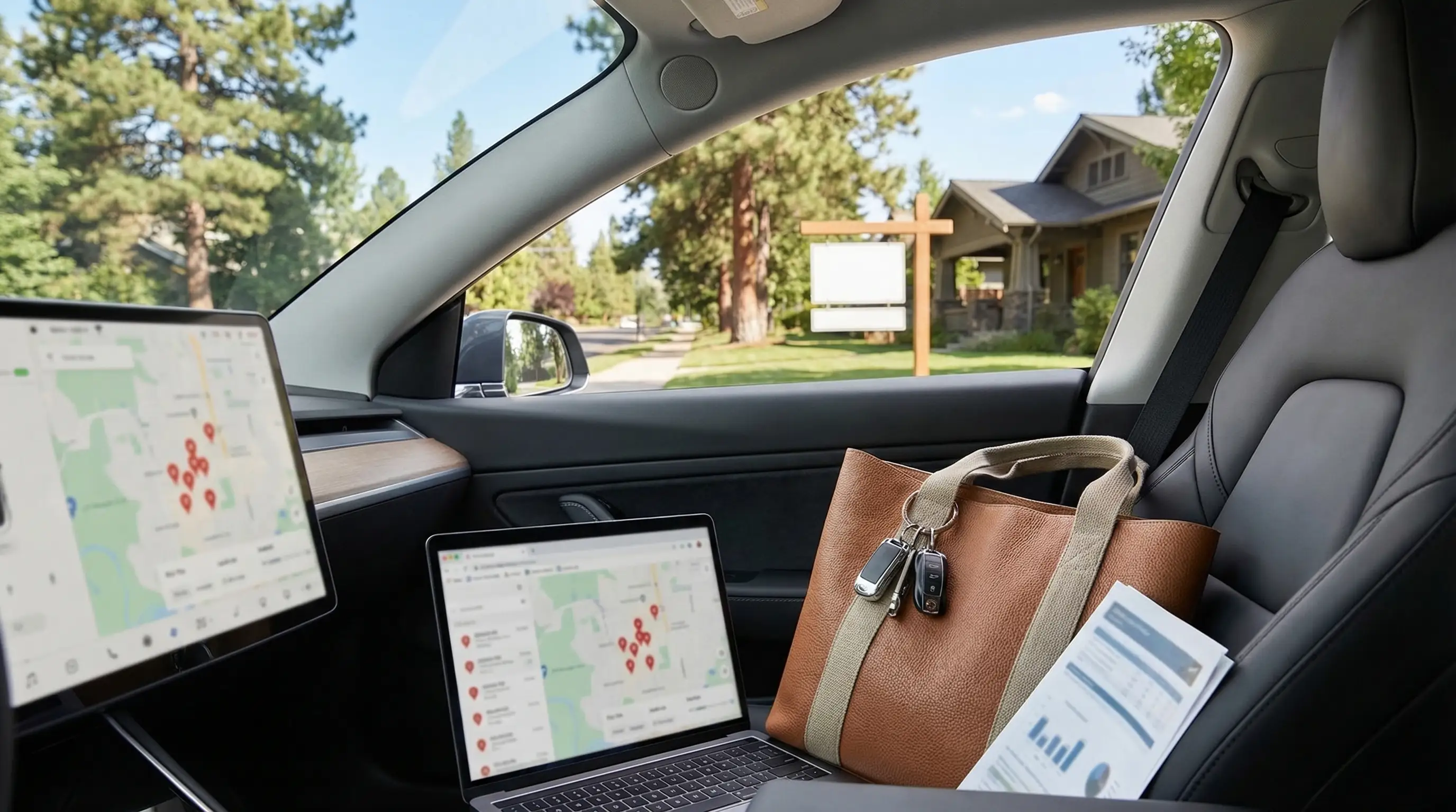 Professional real estate agent reviewing MLS listings on a tablet in front of a classic Craftsman bungalow in Spokane's South Hill neighborhood, with mature ponderosa pines lining the residential street