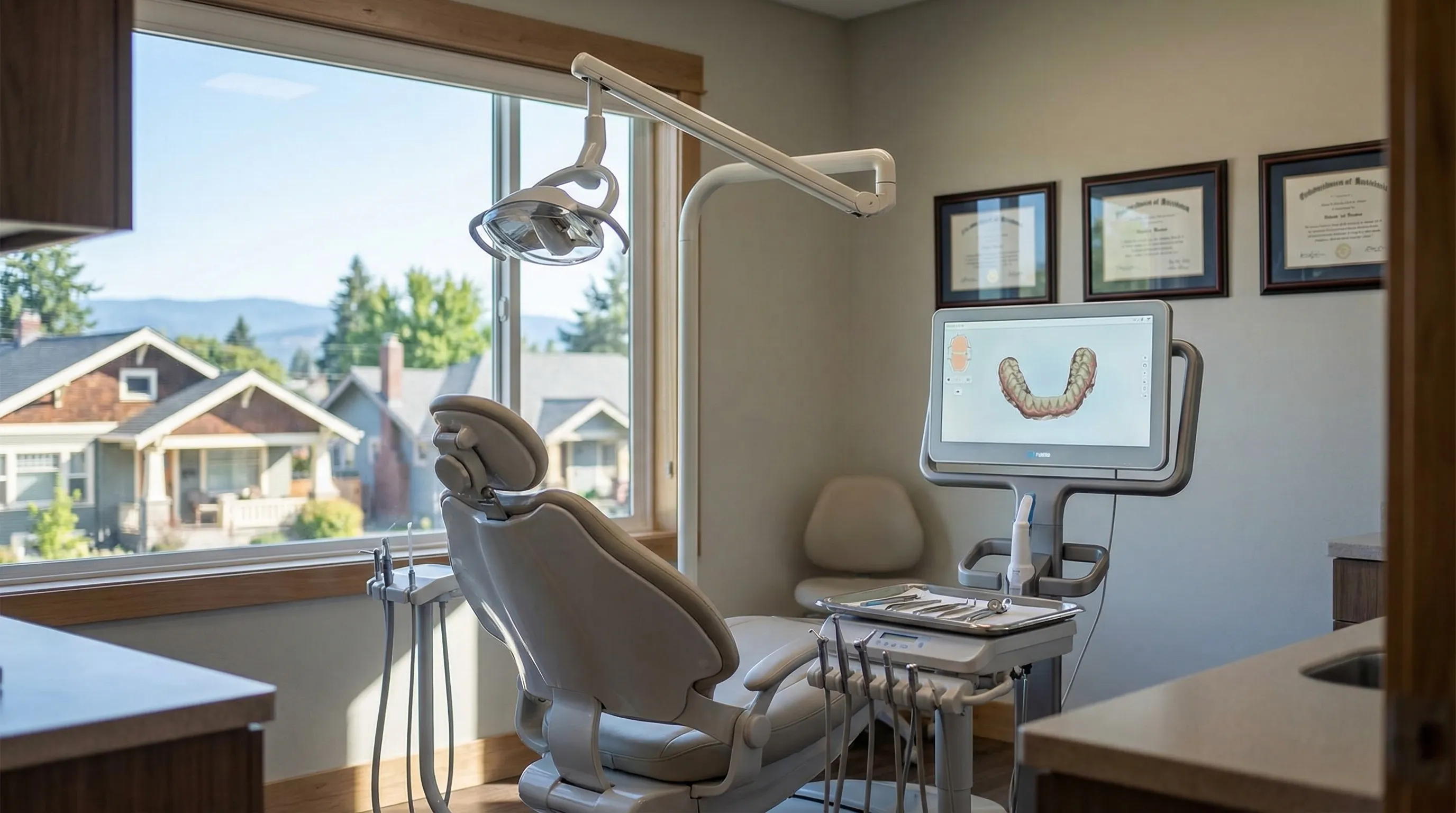 Modern dental operatory at a locally owned Spokane dental practice, with a dental chair, overhead light, and Washington state dental credentials on the wall, and a glimpse of a residential Spokane neighborhood through the window