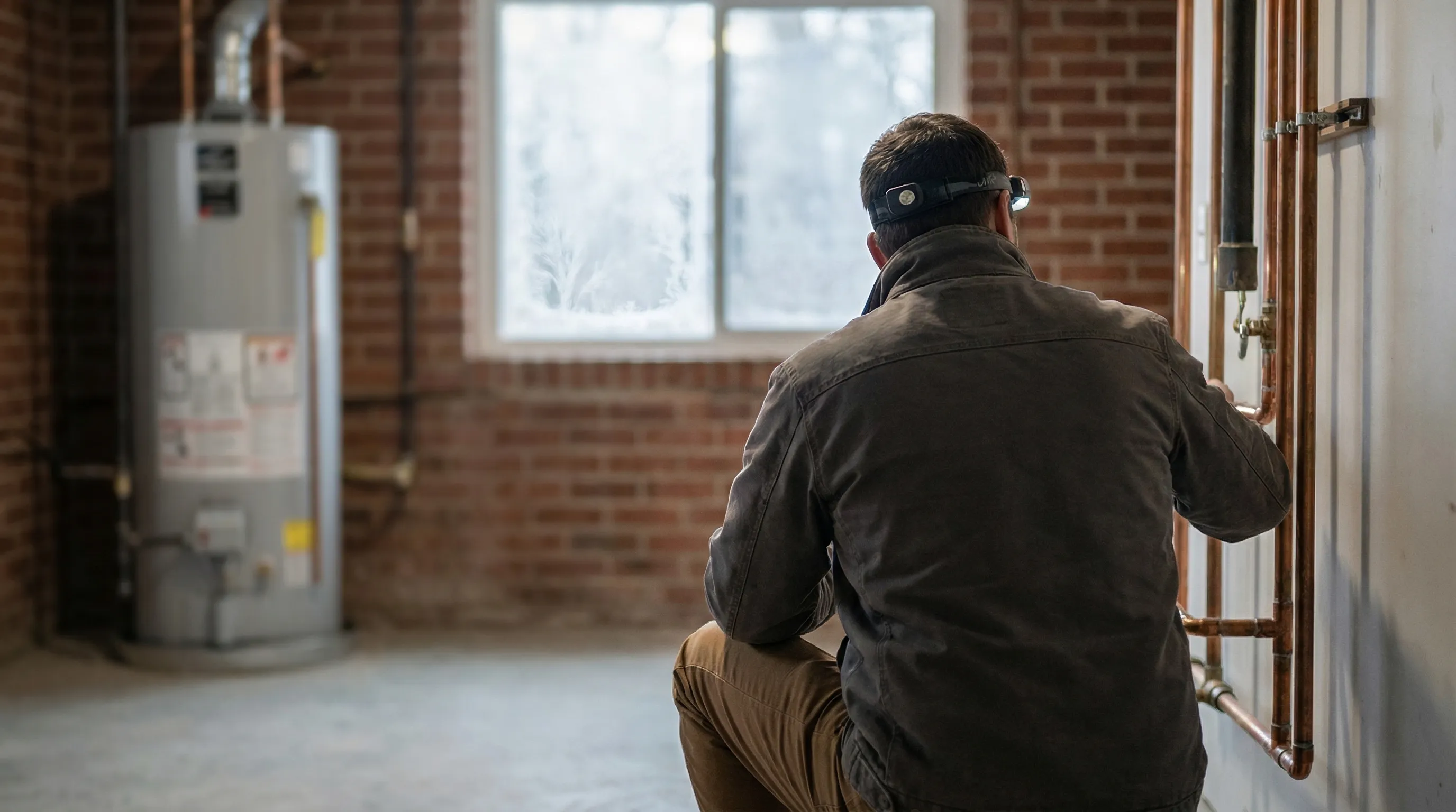Licensed plumber working on copper pipes in the basement of a 1950s Spokane home, with frost visible on a basement window indicating the bitter inland Pacific Northwest winter outside