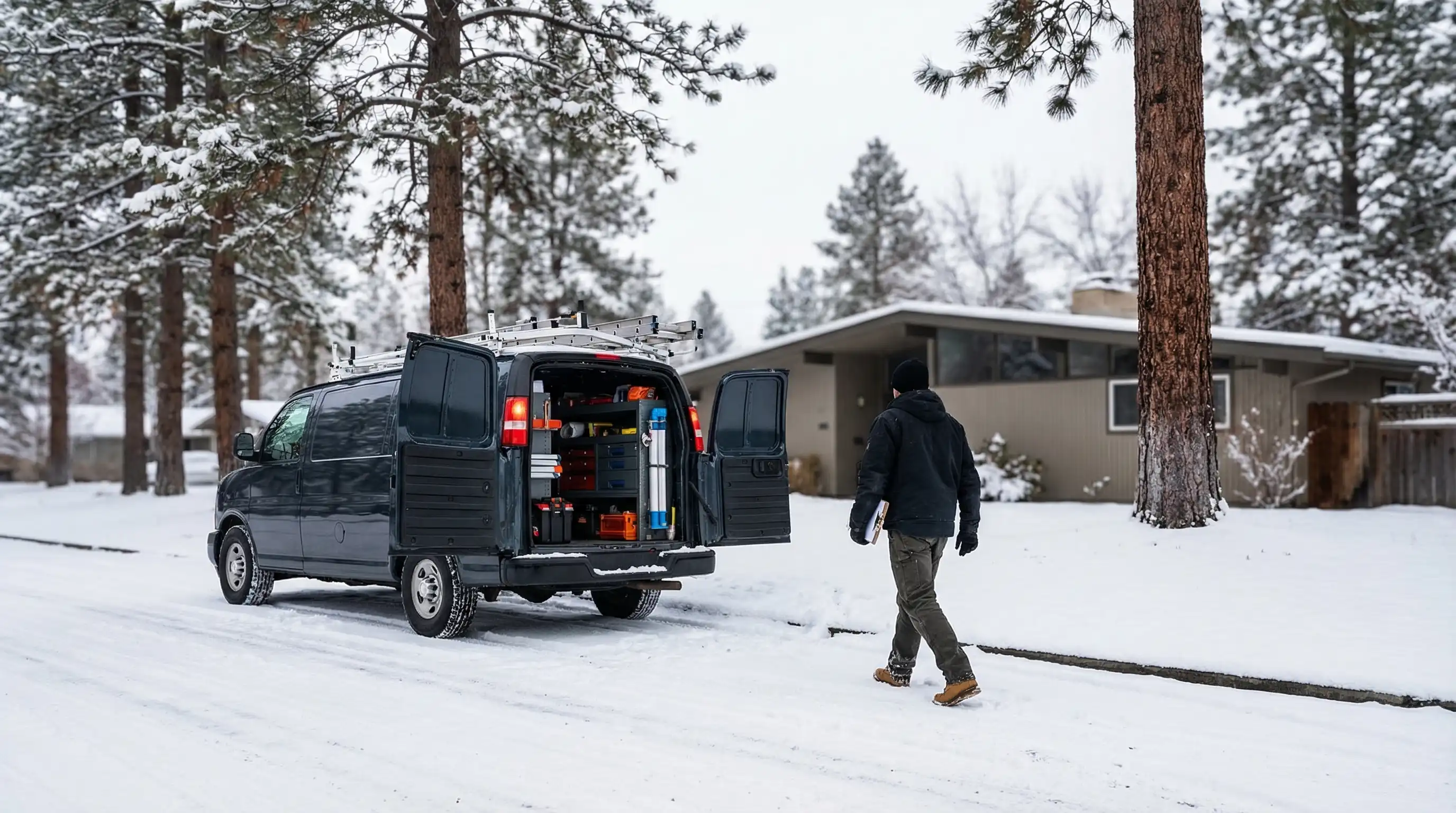 Licensed plumber working on copper pipes in the basement of a 1950s Spokane home, with frost visible on a basement window indicating the bitter inland Pacific Northwest winter outside