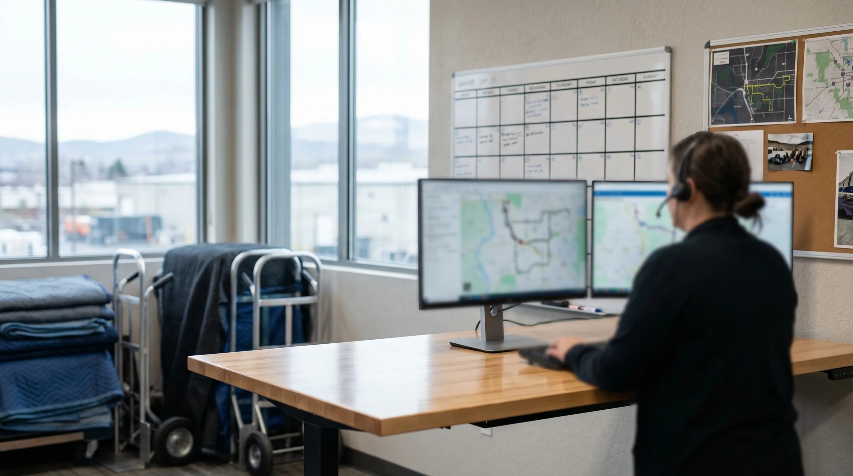 Professional moving crew loading a van in front of a classic Spokane bungalow on a sunny Pacific Northwest morning, with Mount Spokane visible on the horizon and a Sold sign on the front lawn