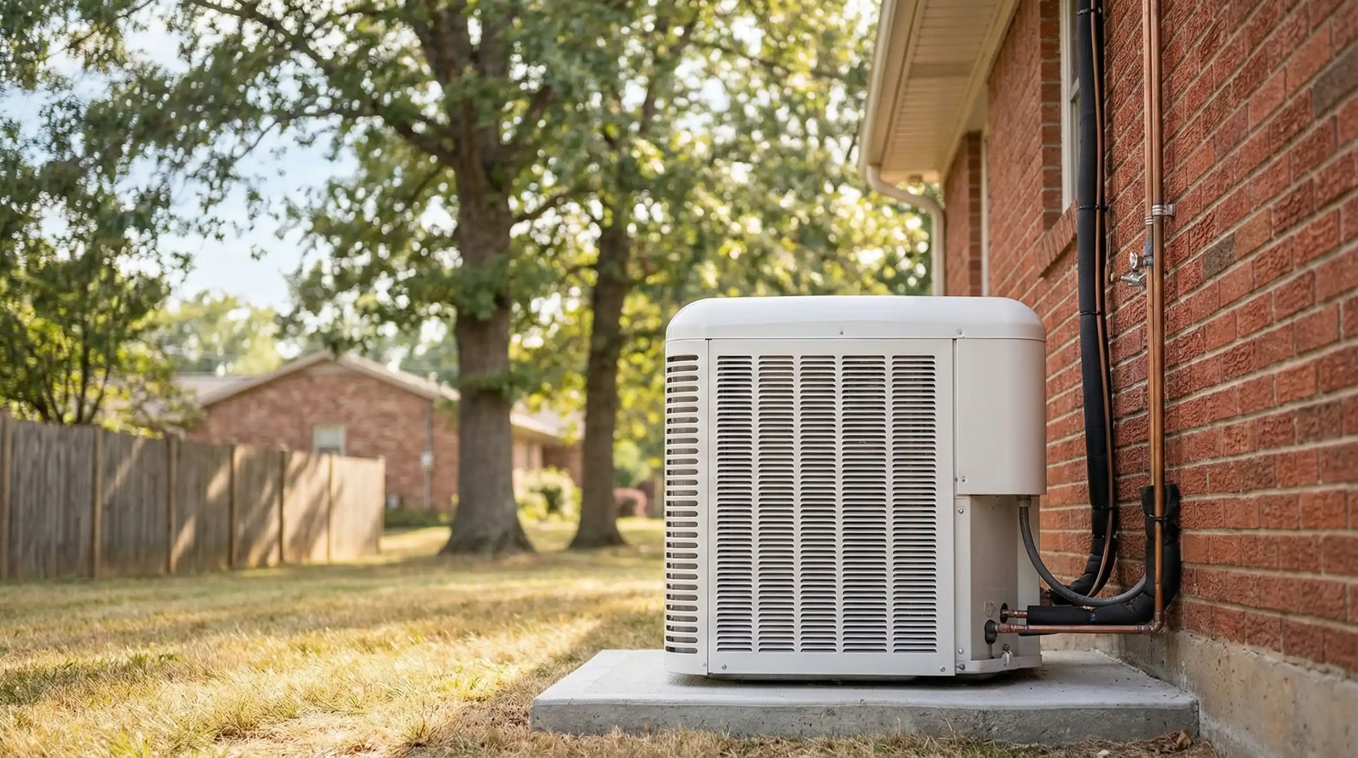 Professional HVAC technician servicing a heat pump unit beside a brick ranch home in a Winston-Salem, NC residential neighborhood
