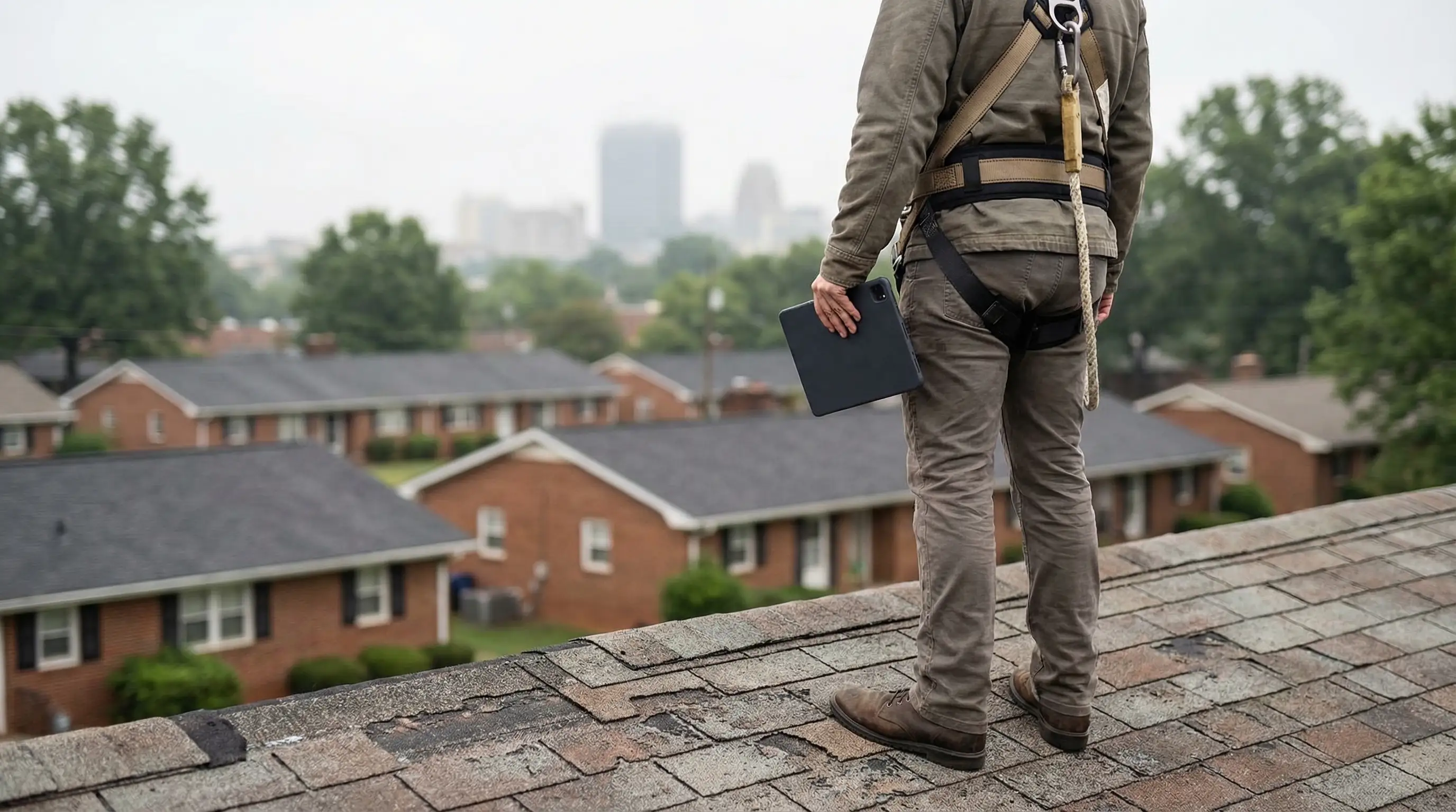 Roofing contractor installing architectural shingles on a two-story brick home in a Winston-Salem, NC neighborhood after storm damage