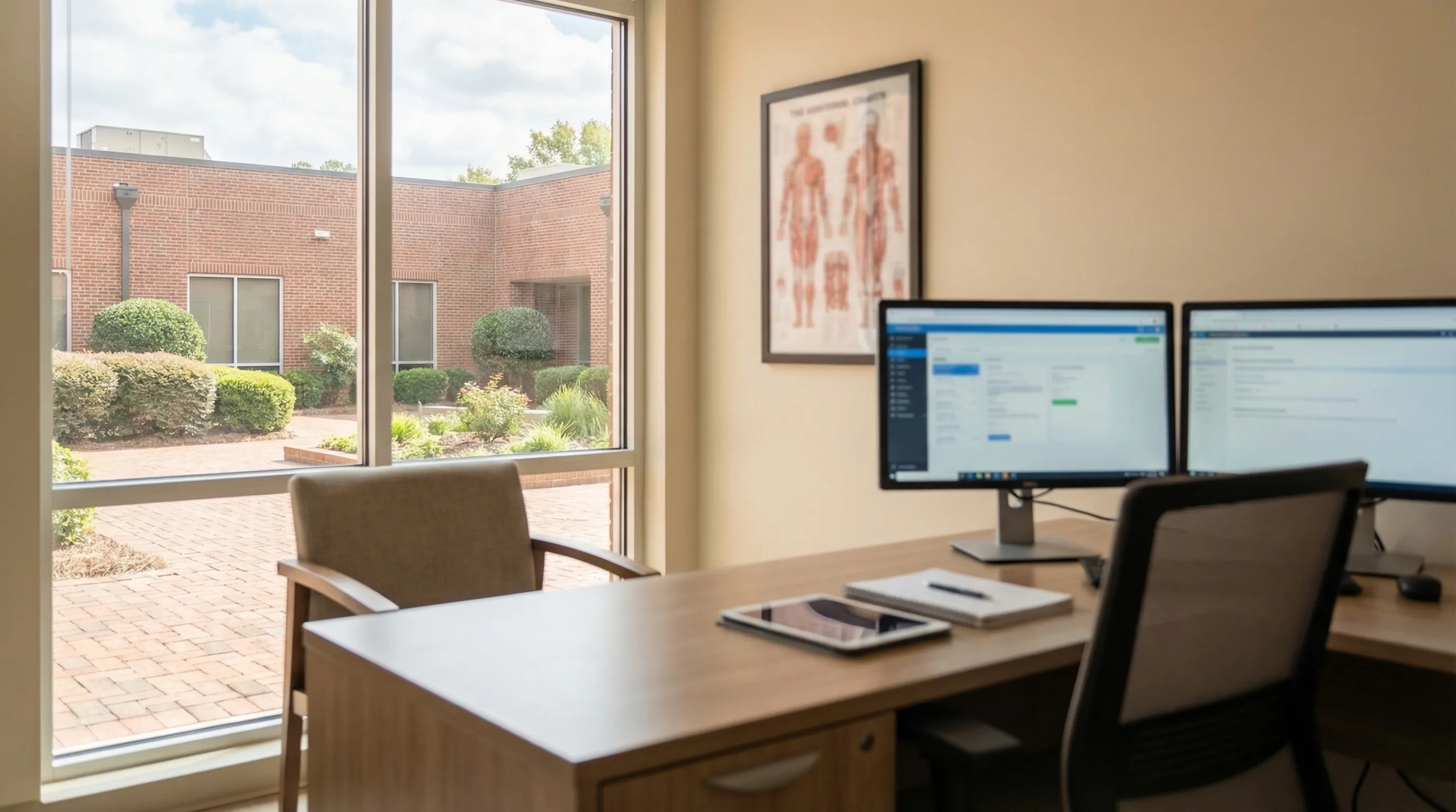 Independent specialty medical clinic reception area in Winston-Salem, NC's innovation district with warm lighting and professional interior