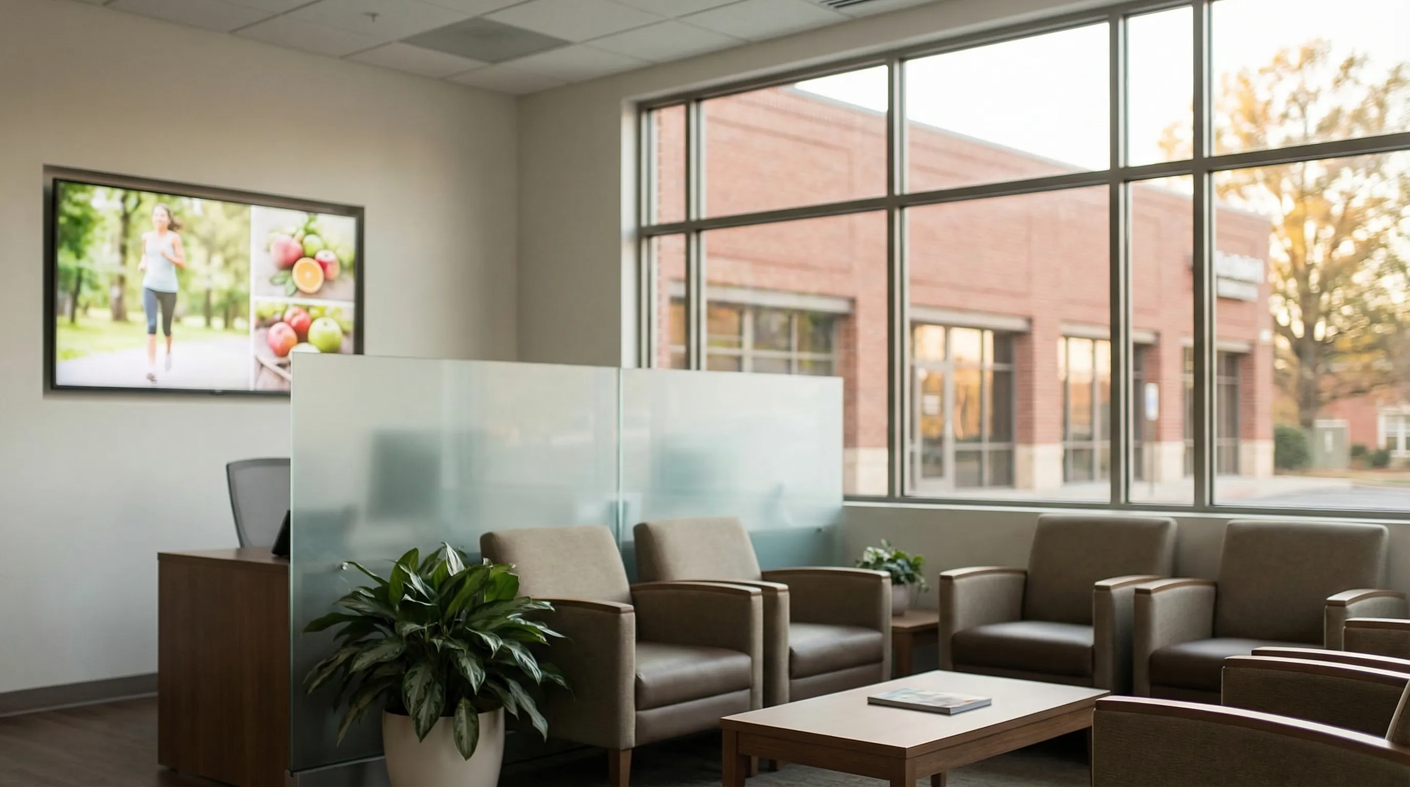 Independent specialty medical clinic reception area in Winston-Salem, NC's innovation district with warm lighting and professional interior