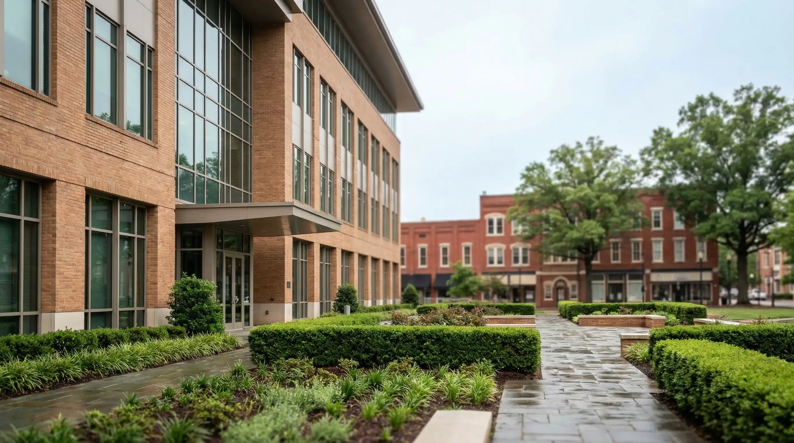 Winston-Salem law office consultation room with courthouse view and professional interior for legal PPC services in Forsyth County, NC