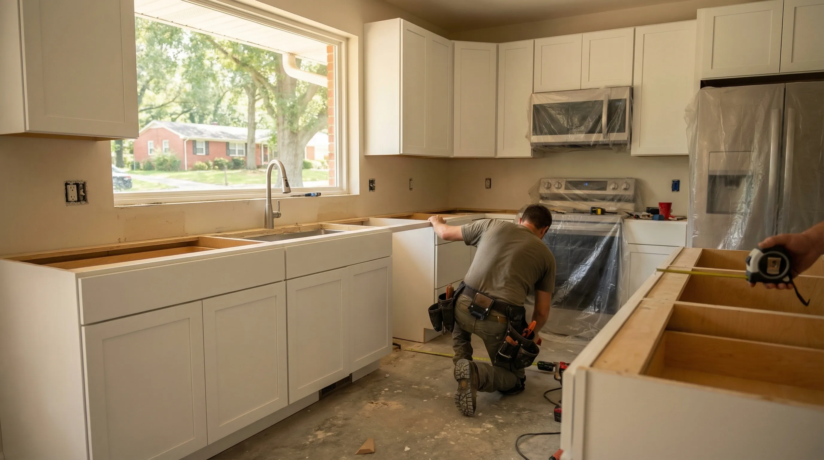 Professional contractor reviewing completed kitchen remodel project in a residential home in Winston-Salem, NC