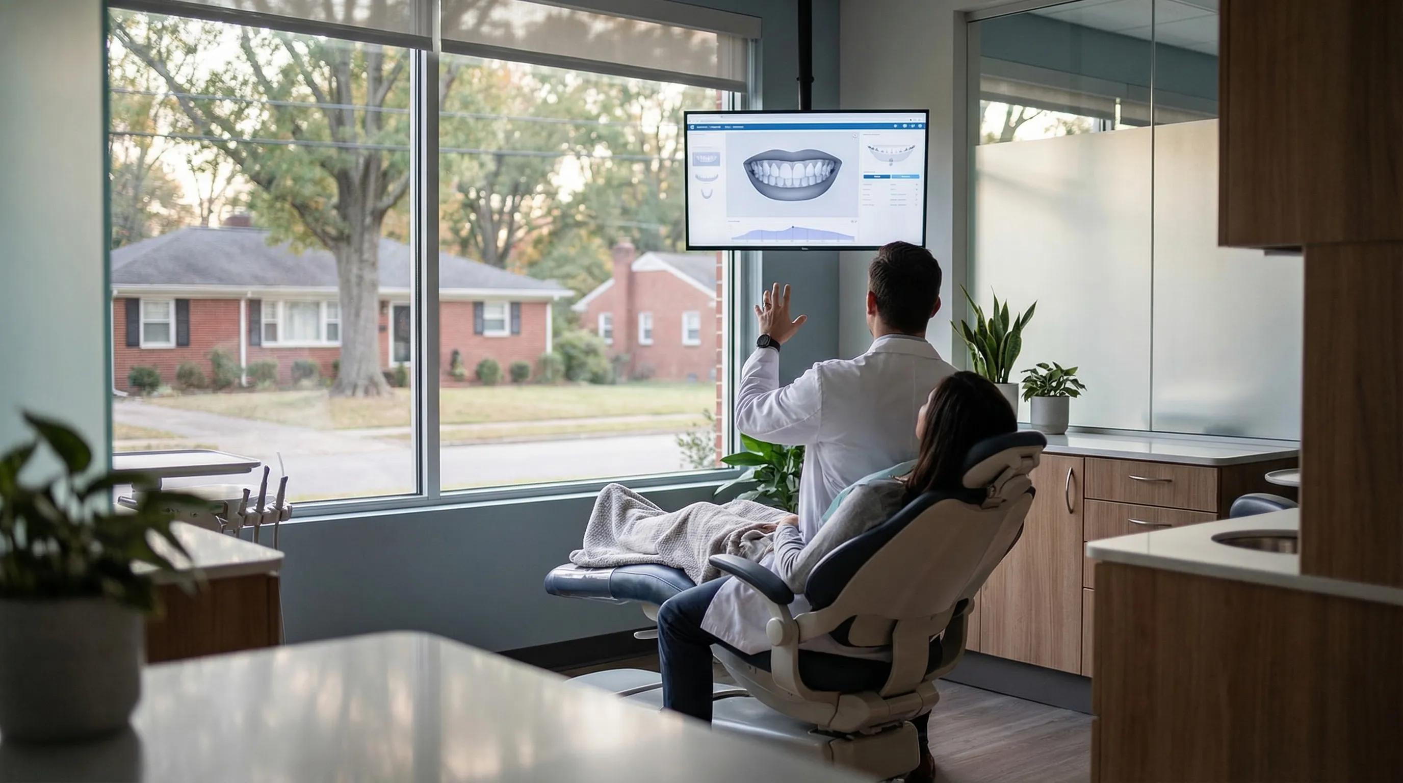 Independent dentist consulting with a patient in a modern dental office in Winston-Salem, NC