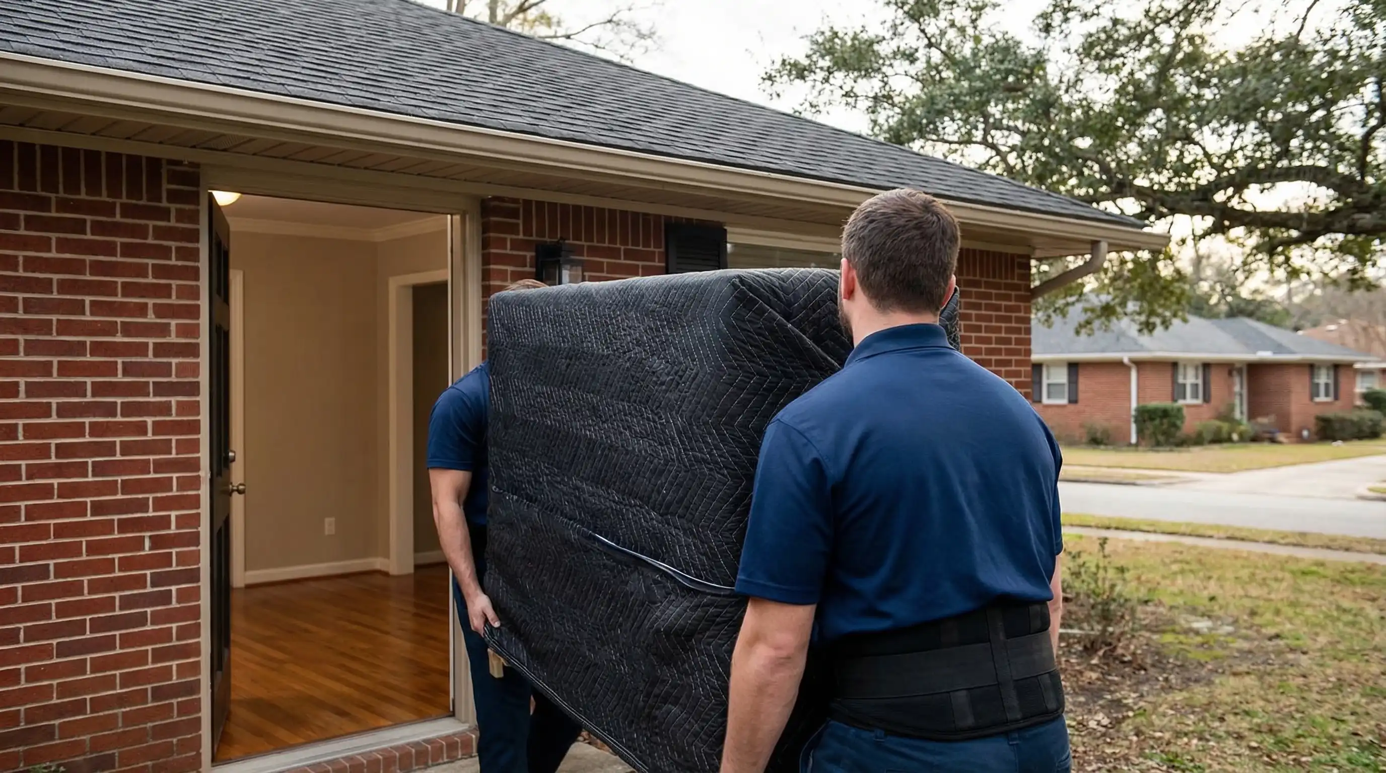 Professional movers carefully loading furniture into a moving truck in a residential neighborhood in Winston-Salem, NC