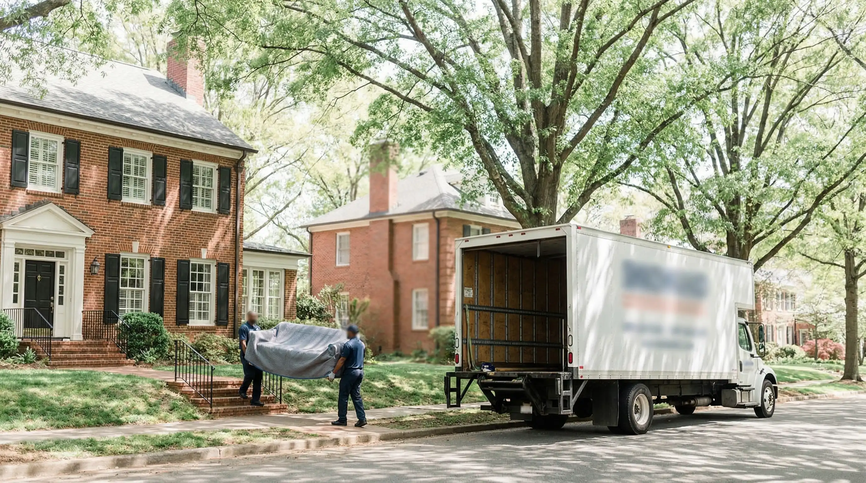 Professional movers carefully loading furniture into a moving truck in a residential neighborhood in Winston-Salem, NC