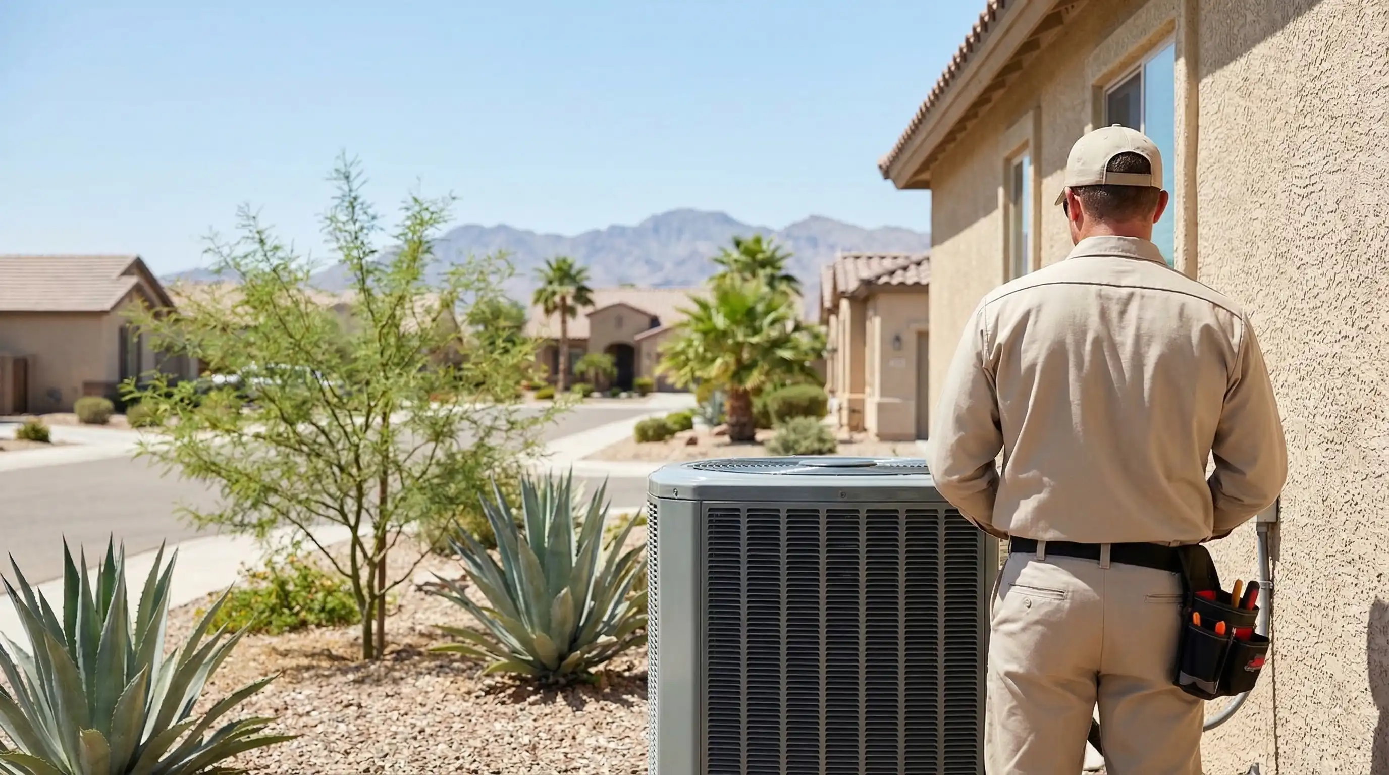Professional HVAC technician servicing AC unit at a Chandler, AZ residential property