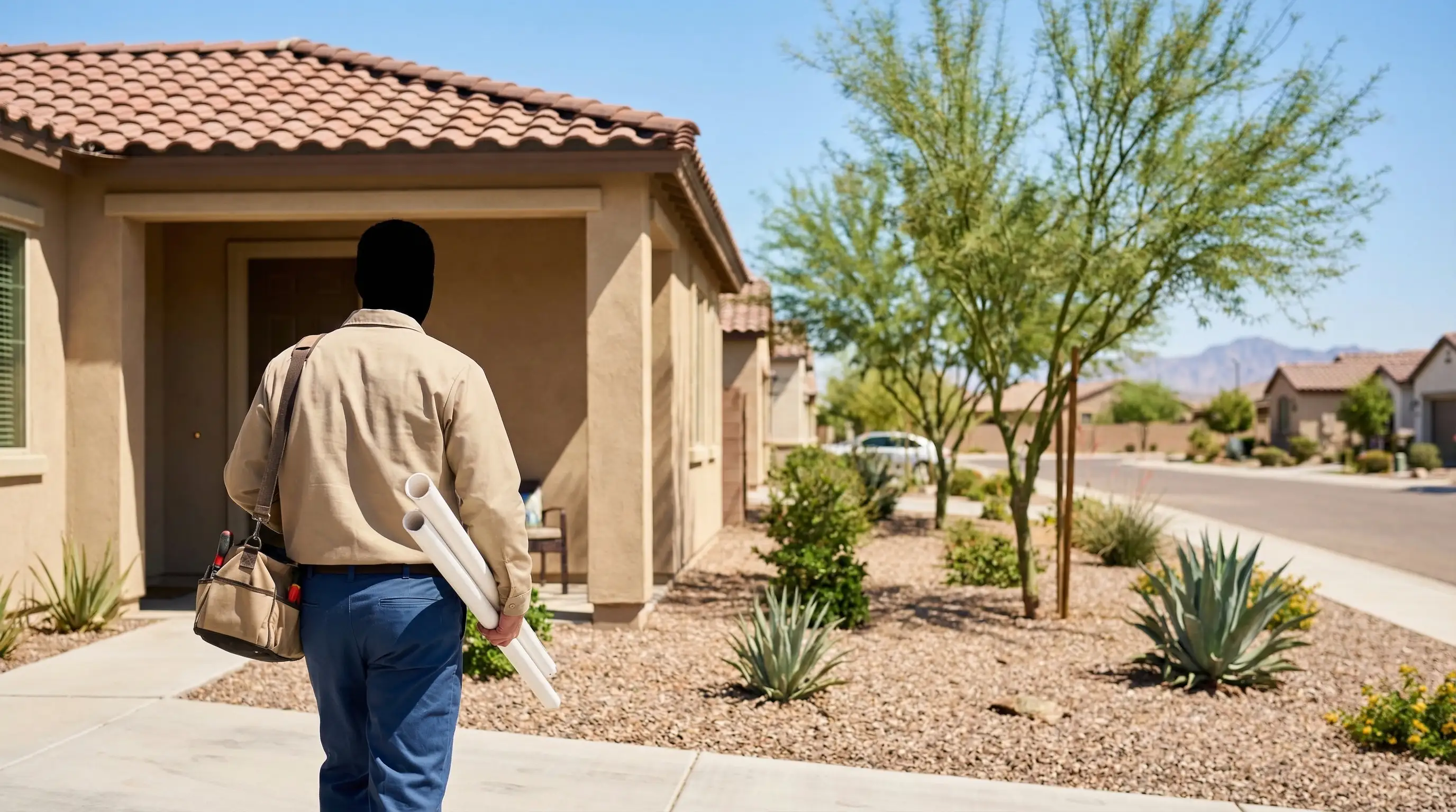 Licensed plumber working on water heater installation in a Chandler, AZ residential home