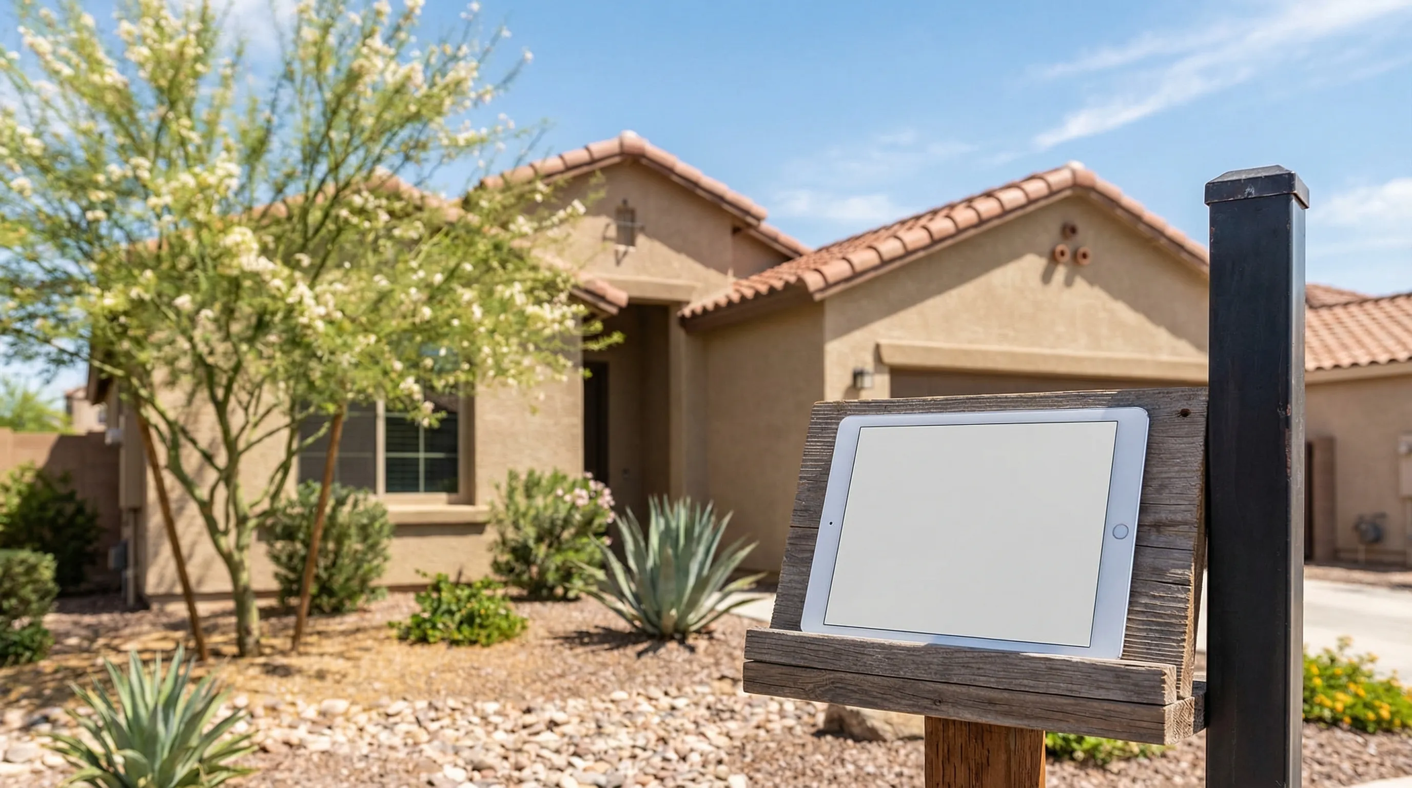 Real estate agent showing a modern home for sale in a Chandler, AZ residential neighborhood