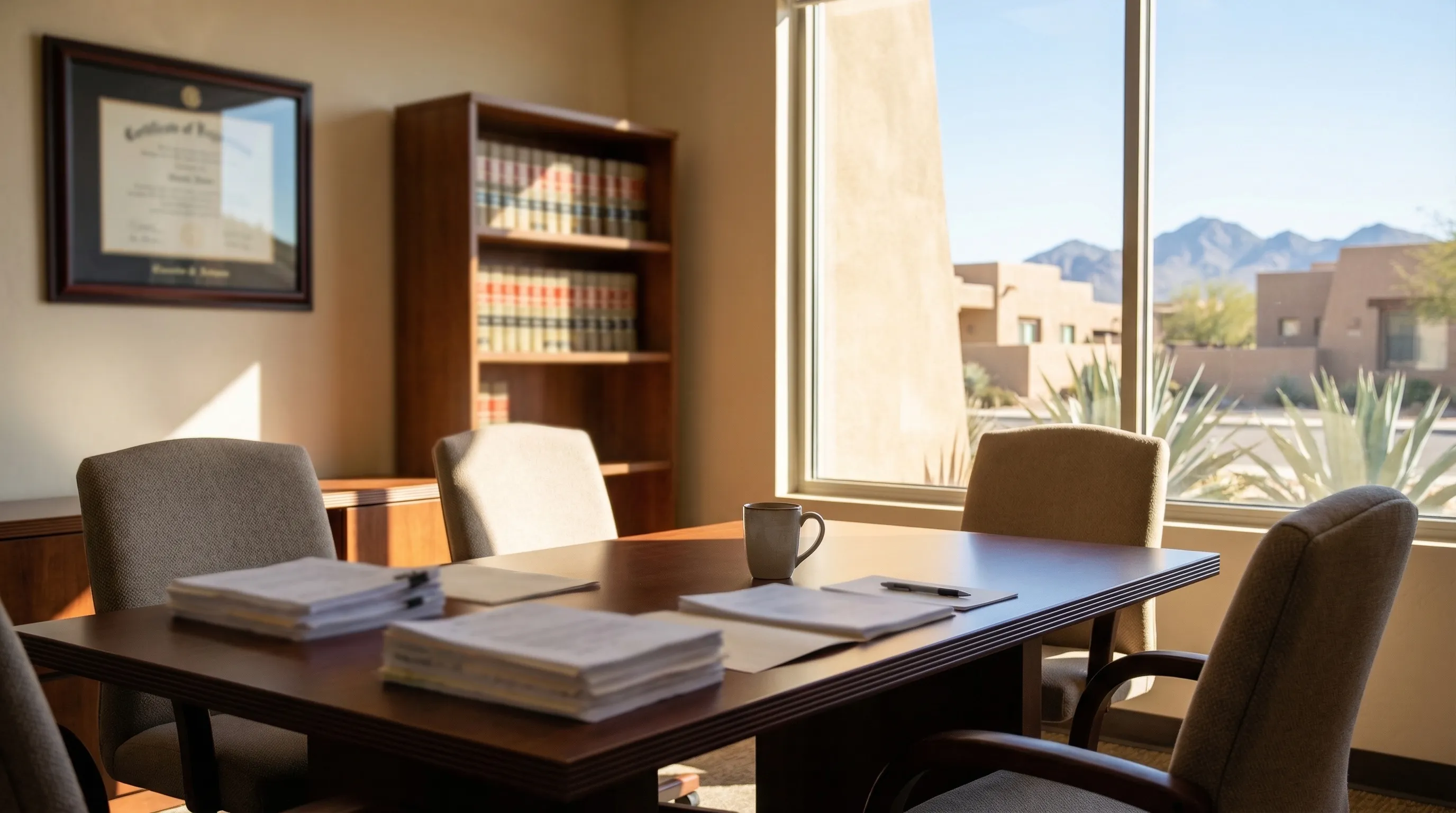 Professional attorney consultation room in a Chandler, AZ law firm with attorney reviewing documents with client