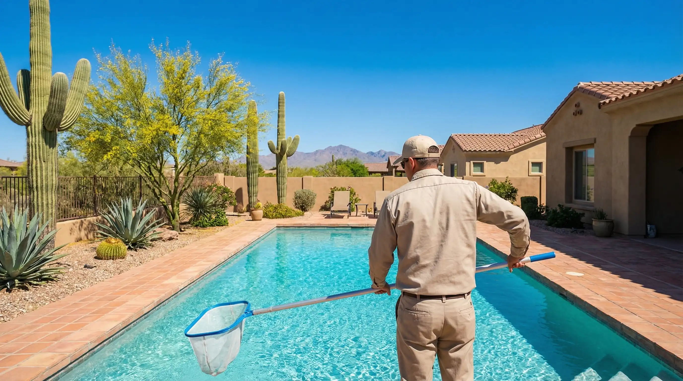 Pool service technician skimming a crystal-clear backyard pool in Chandler, AZ with desert landscaping and blue Arizona sky