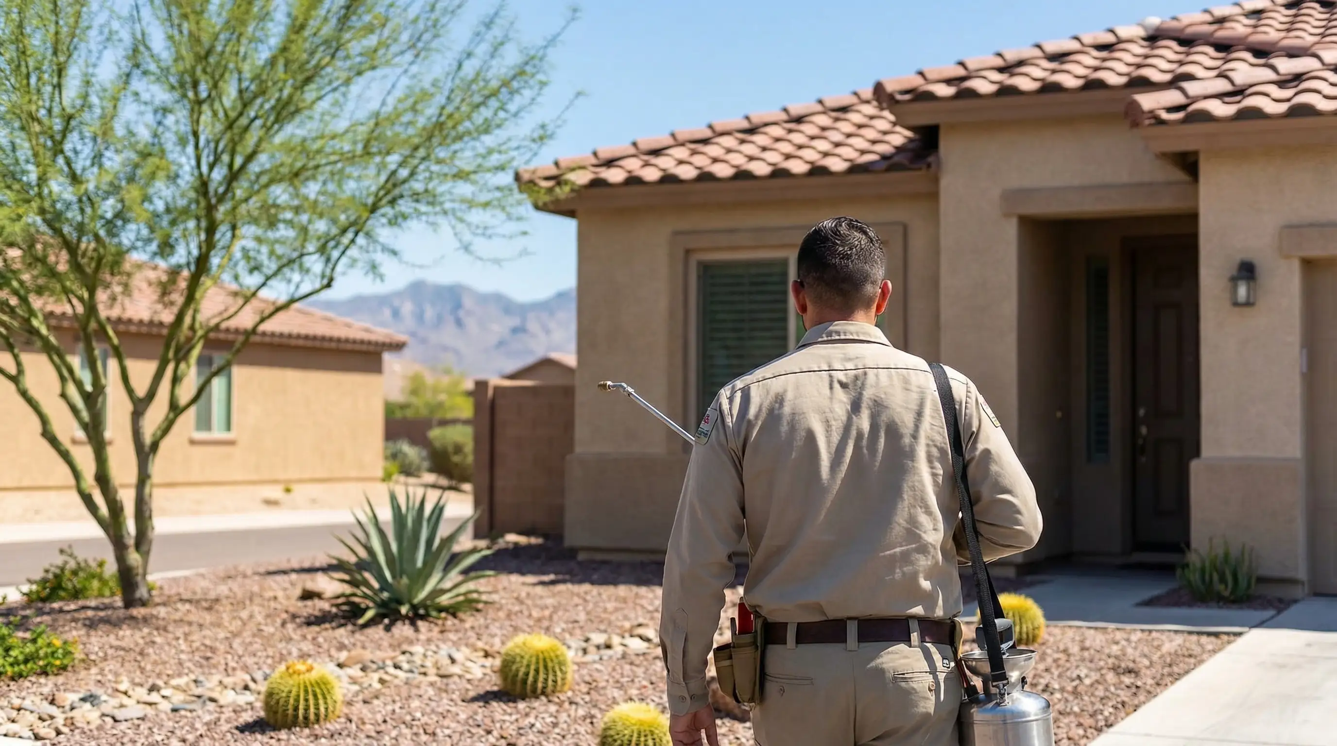 Pest control technician applying treatment along the exterior foundation of a Chandler, AZ stucco home with desert landscaping