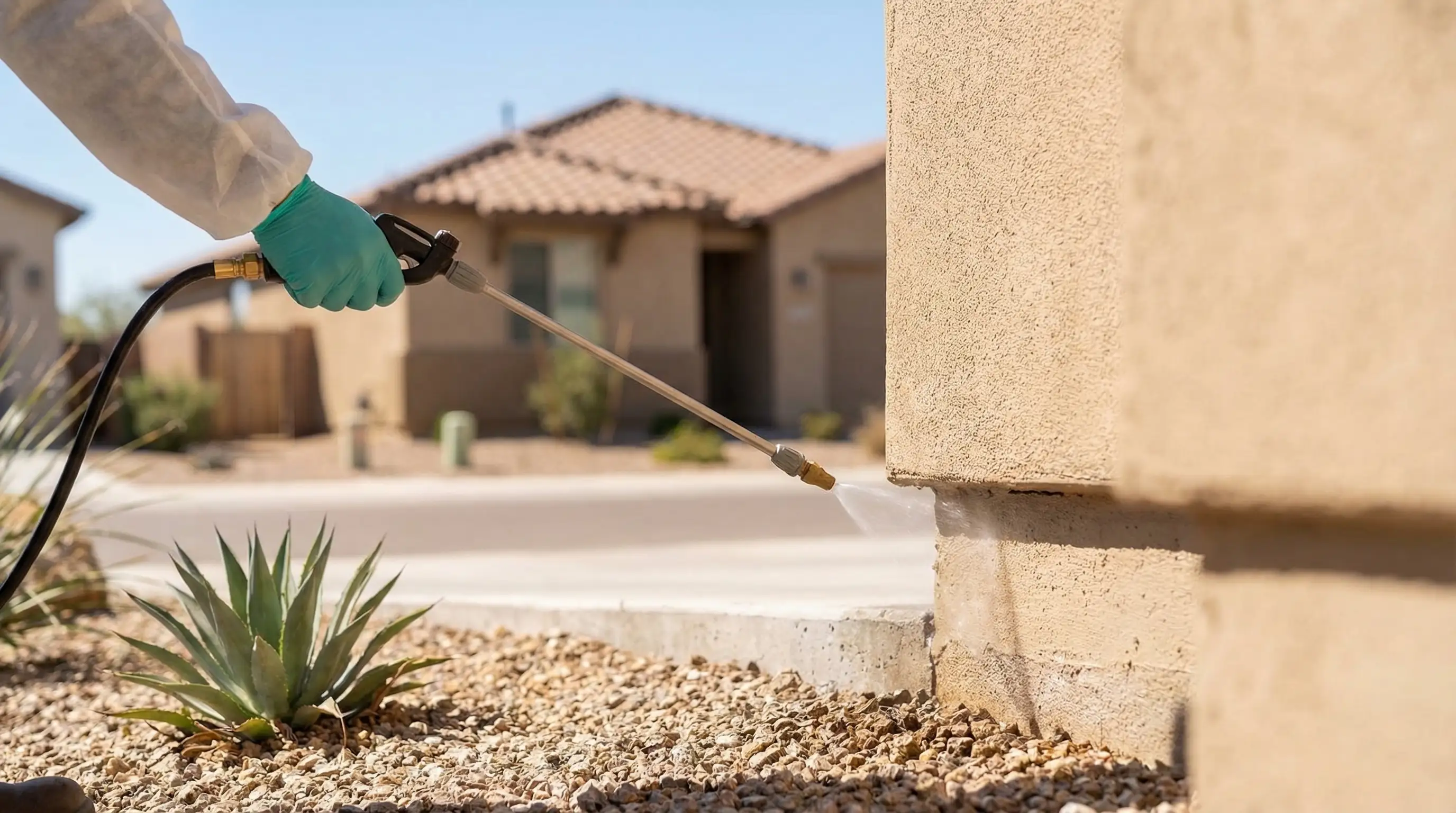 Pest control technician applying treatment along the exterior foundation of a Chandler, AZ stucco home with desert landscaping