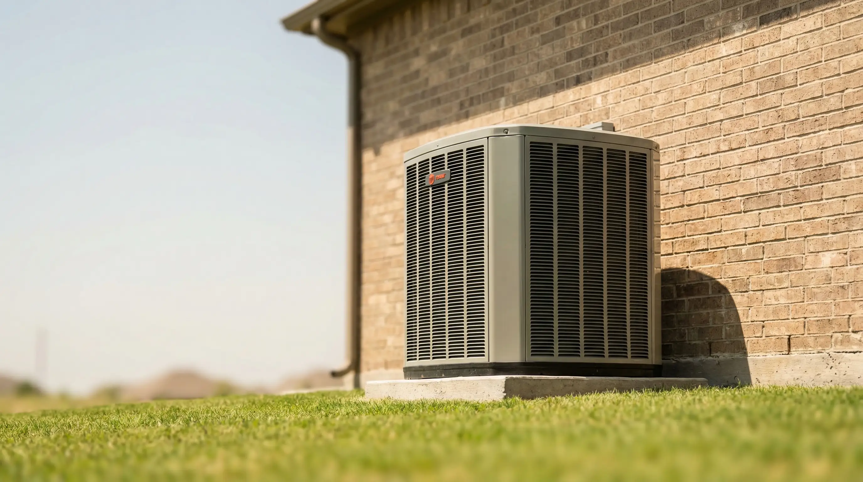 Professional HVAC technician servicing an outdoor AC condenser unit at a brick home in Plano, TX