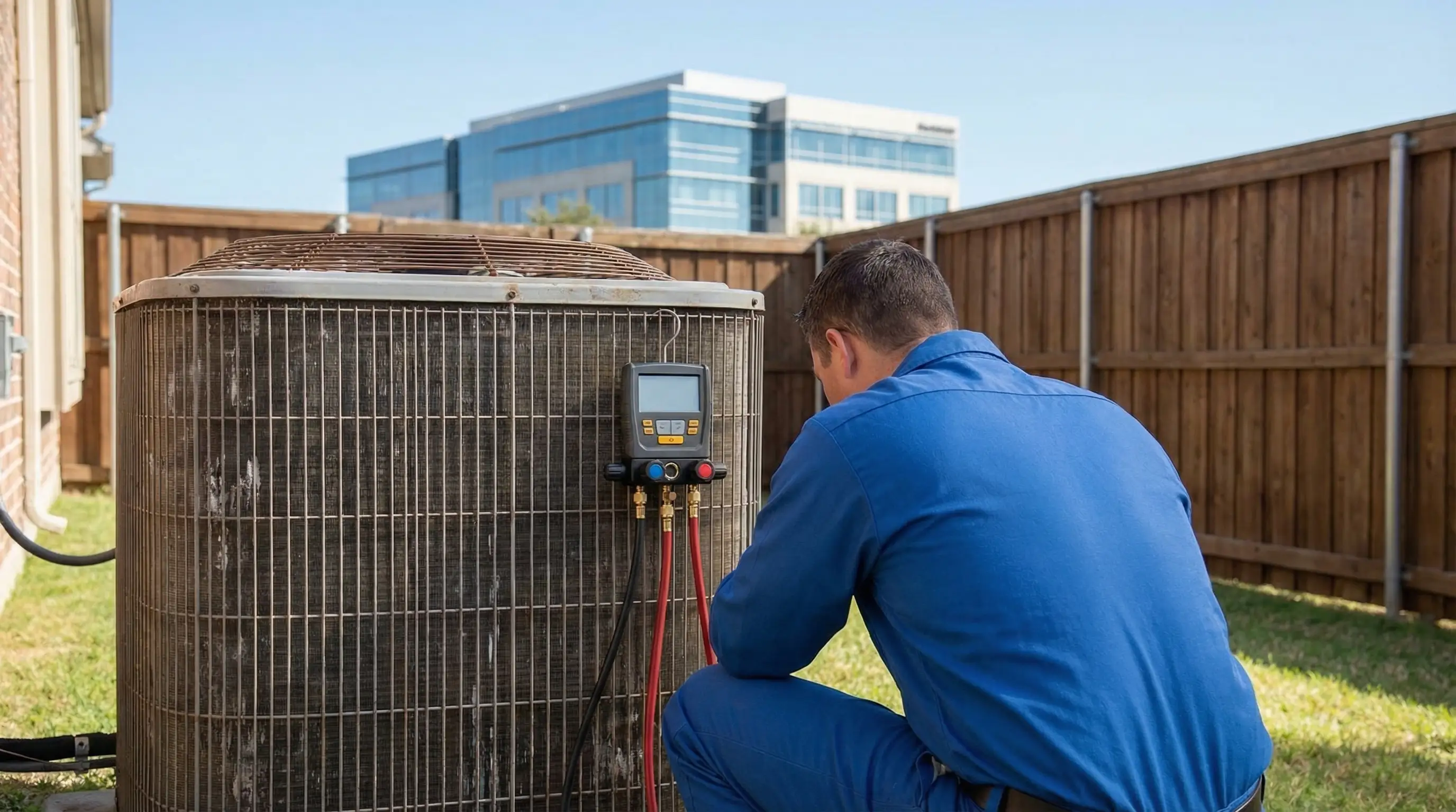 Professional HVAC technician servicing an outdoor AC condenser unit at a brick home in Plano, TX