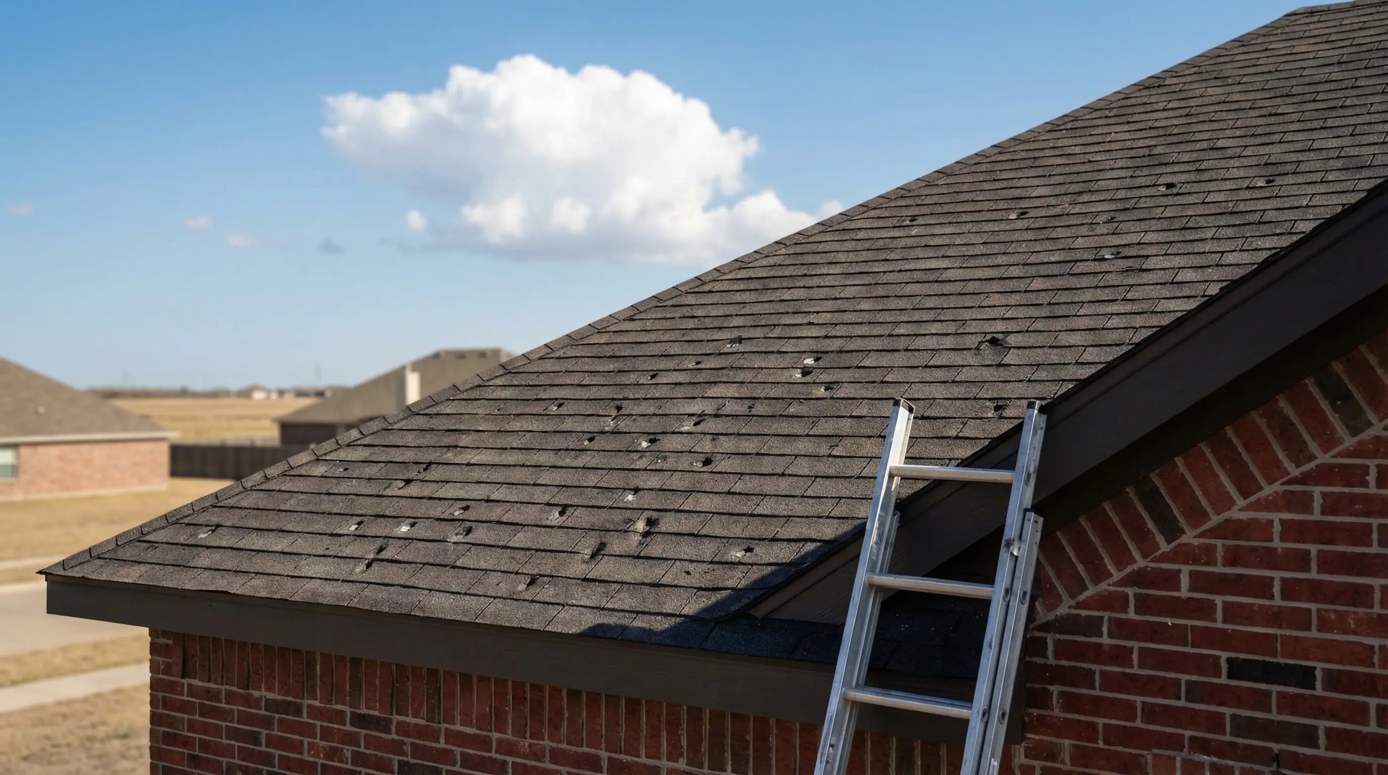 Professional roofing contractor inspecting hail damage on a residential roof in Plano, TX with suburban landscape visible