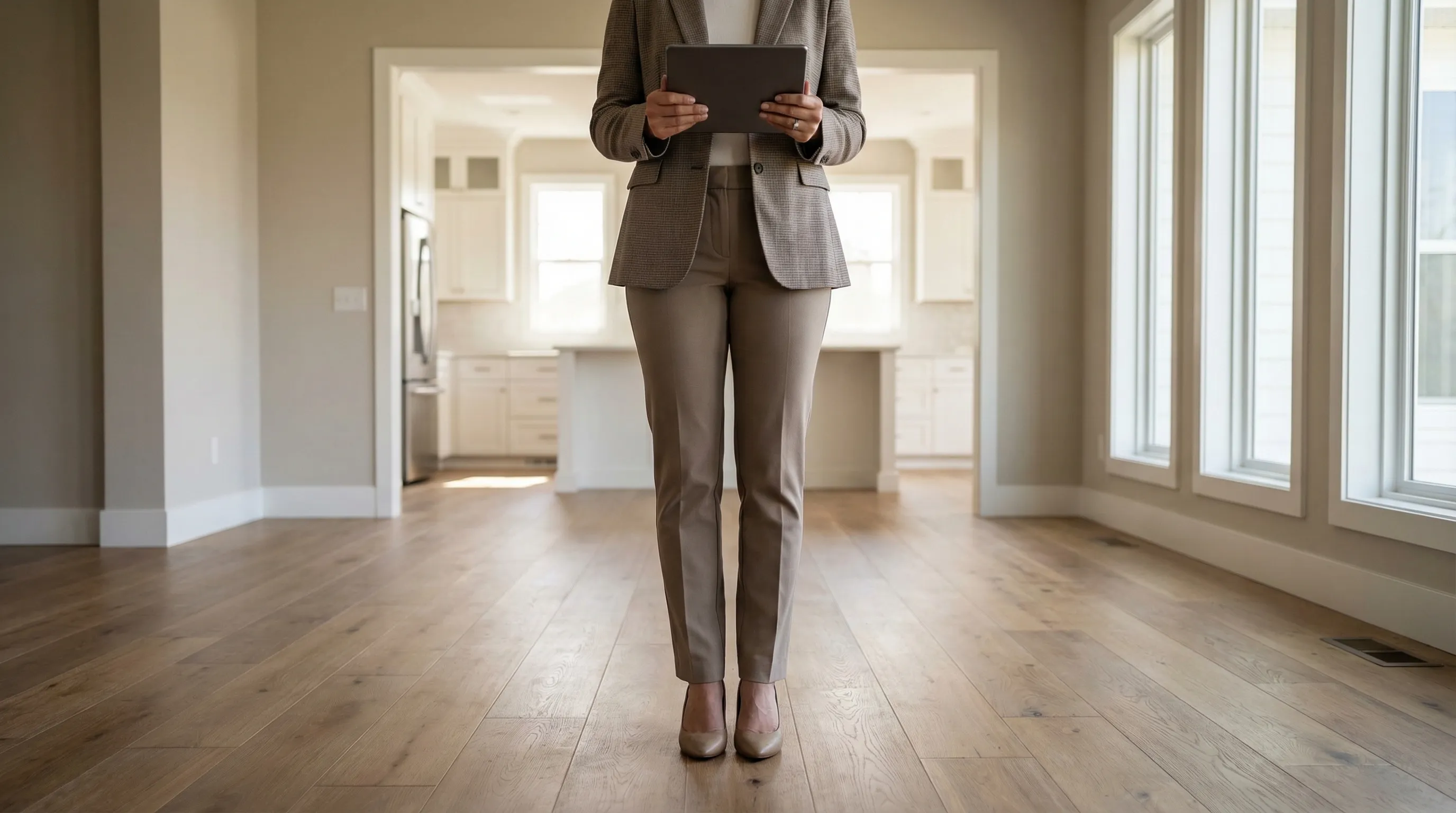 Real estate agent reviewing a home listing on a tablet inside a modern Plano TX home with open floor plan