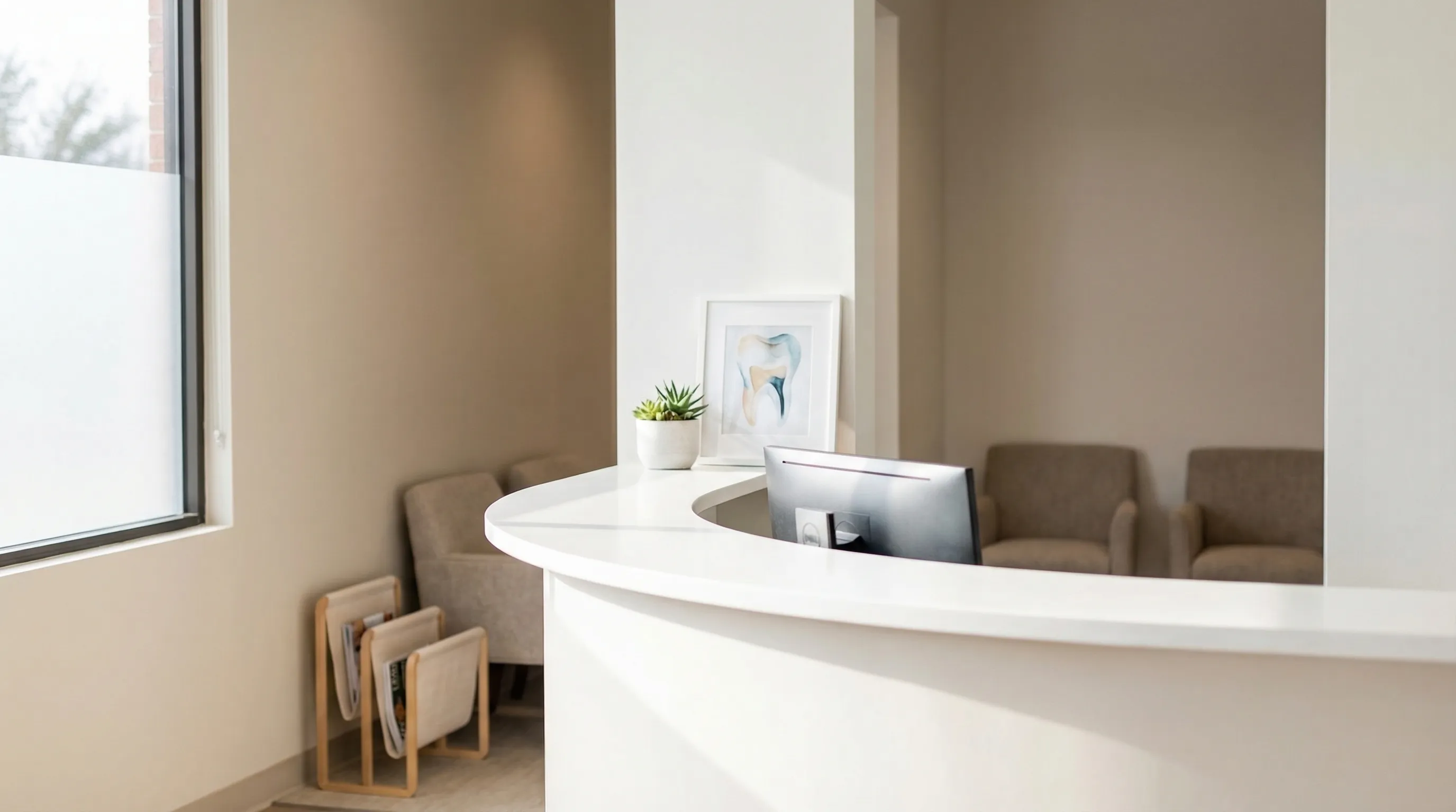 Modern dental reception area at a family dental practice in Plano TX with bright clean interior and welcoming design